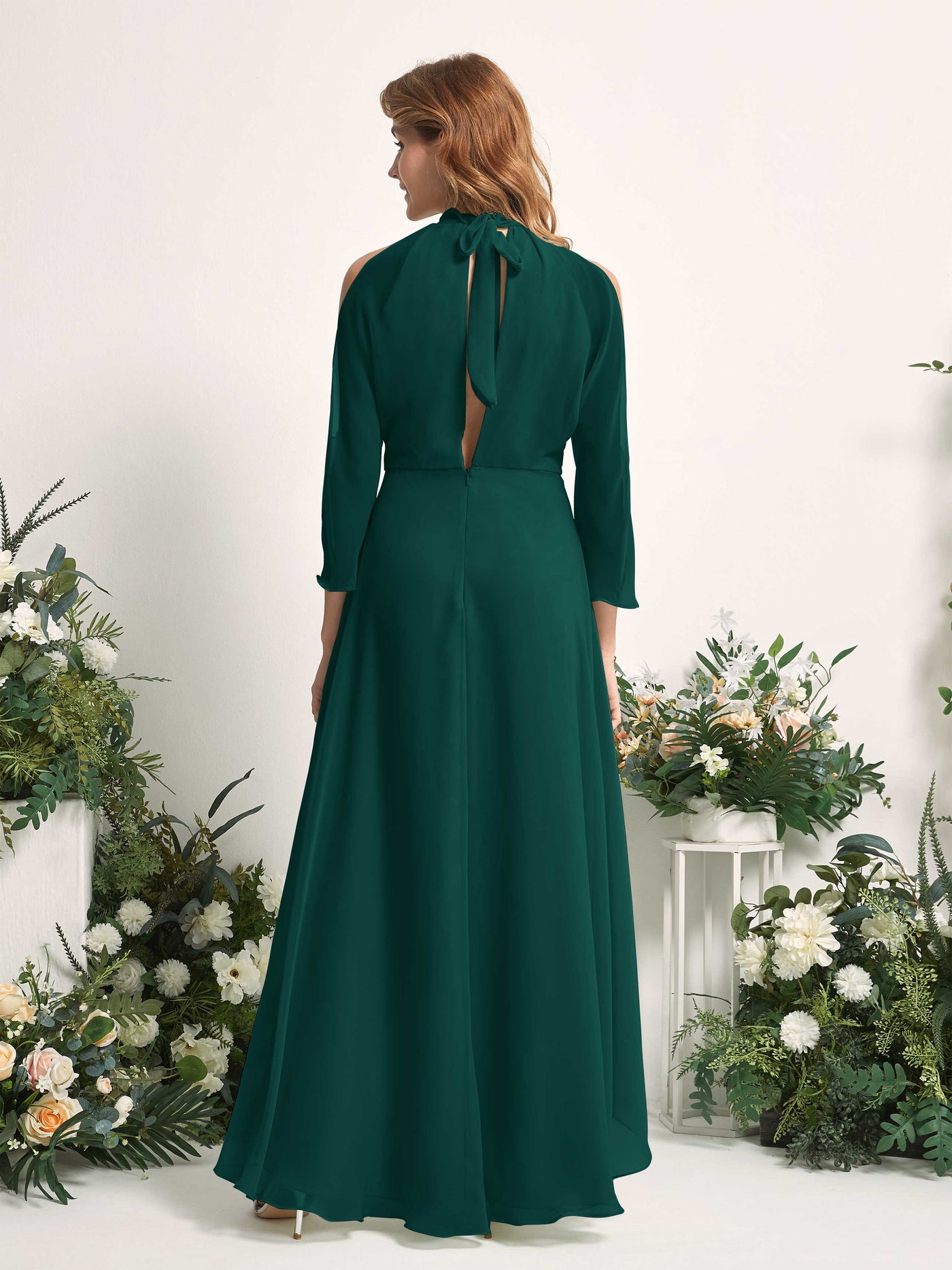 Bridesmaid Dress A-line Chiffon Halter High Low 3/4 Sleeves Wedding Party Dress - Dark Emerald (81227617)#color_dark-emerald