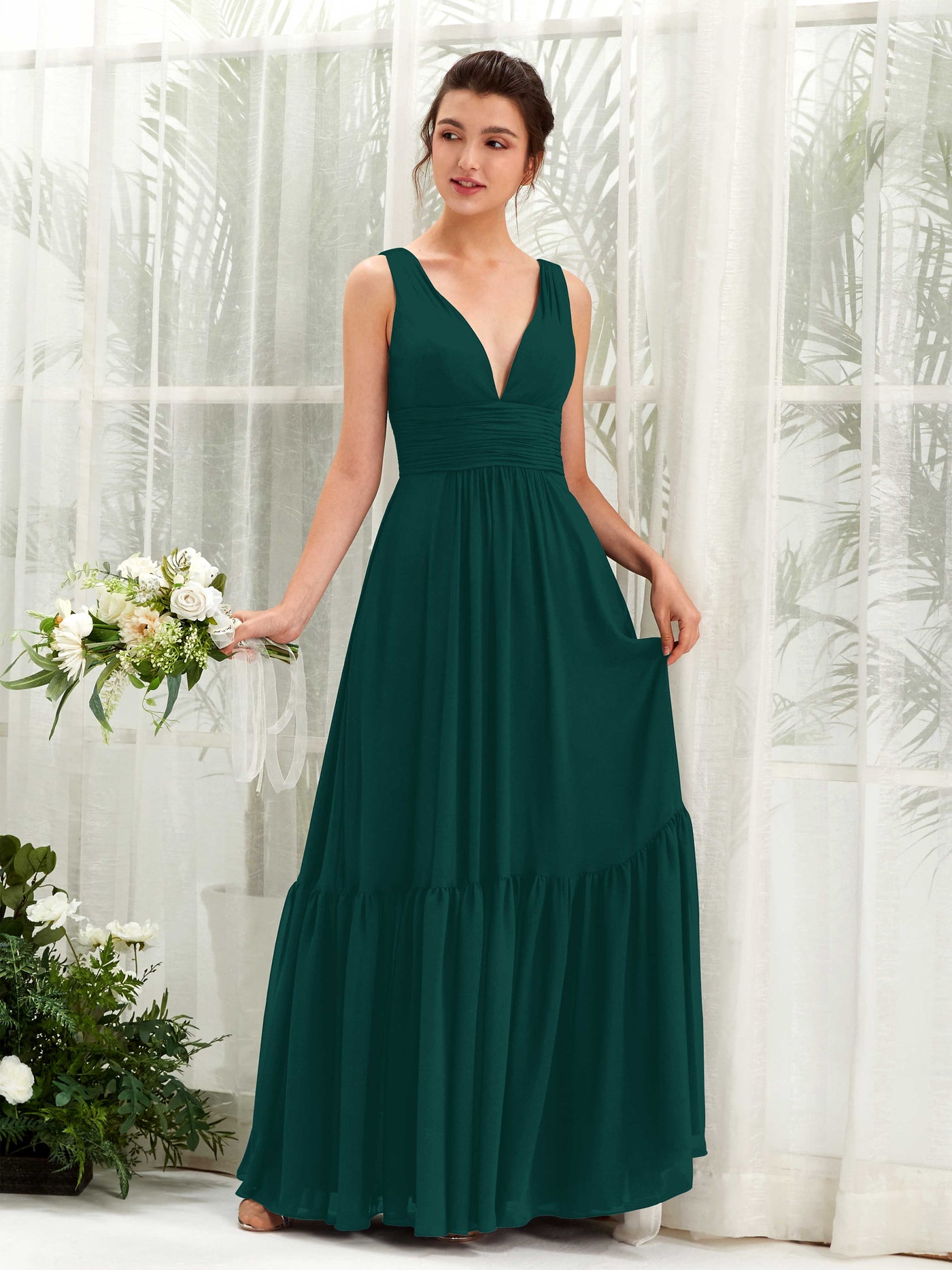 Dark Emerald Bridesmaid Dresses Bridesmaid Dress A-line Chiffon Straps Full Length Sleeveless Wedding Party Dress (80223717)#color_dark-emerald