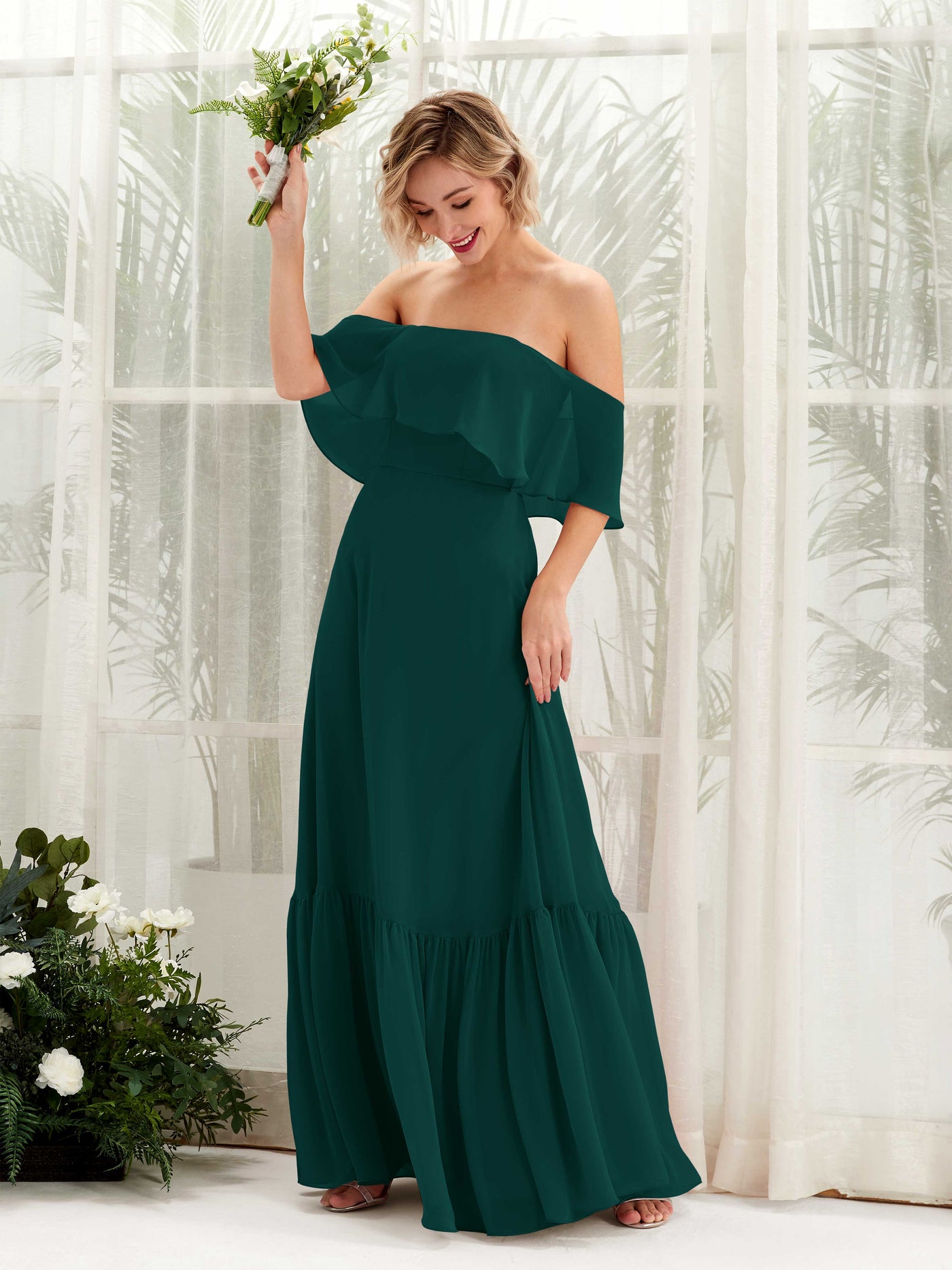 Dark Emerald Bridesmaid Dresses Bridesmaid Dress A-line Chiffon Off Shoulder Full Length Sleeveless Wedding Party Dress (81224517)#color_dark-emerald