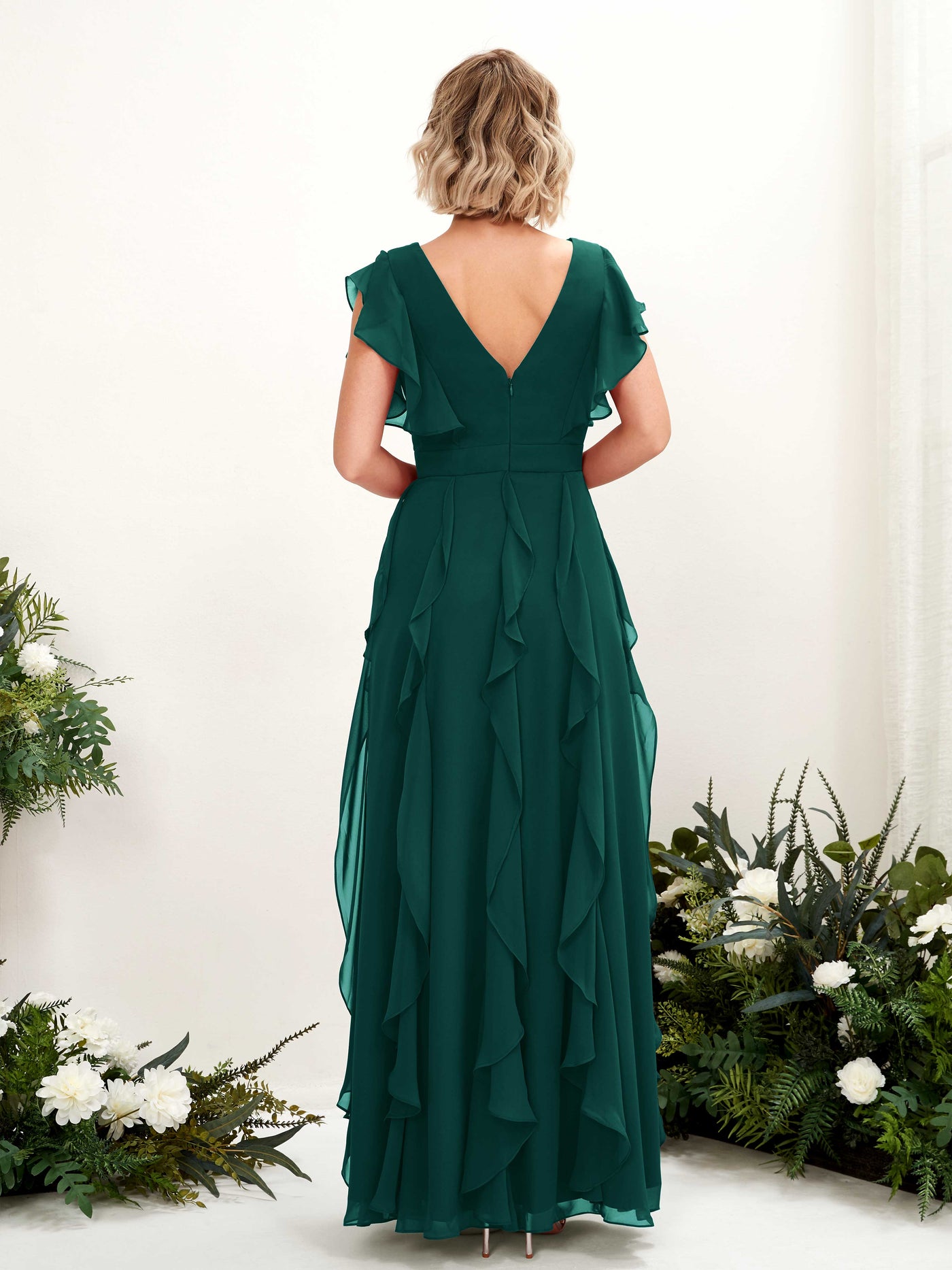 A-line Open back V-neck Short Sleeves Chiffon Bridesmaid Dress - Dark Emerald (81226017)#color_dark-emerald