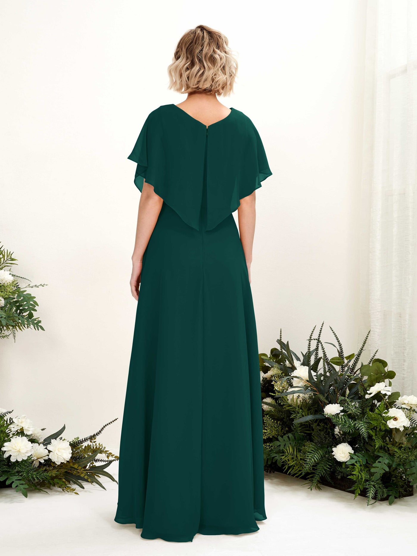 Dark Emerald Bridesmaid Dresses Bridesmaid Dress A-line Chiffon V-neck Full Length Short Sleeves Wedding Party Dress (81222117)#color_dark-emerald