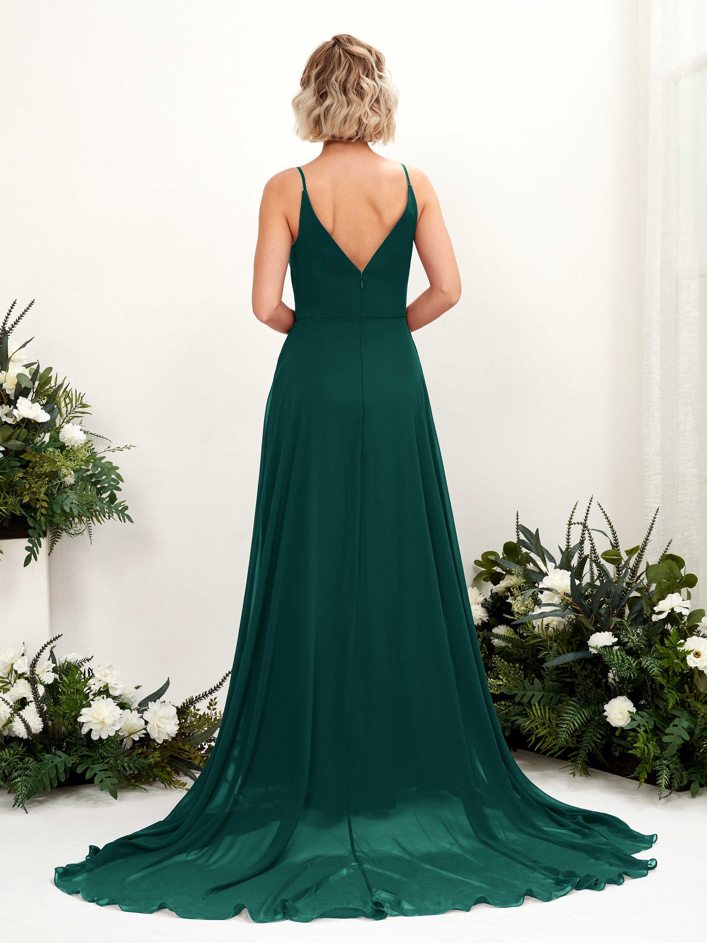 Dark Emerald Bridesmaid Dresses Bridesmaid Dress A-line Chiffon V-neck Full Length Sleeveless Wedding Party Dress (81224117)#color_dark-emerald