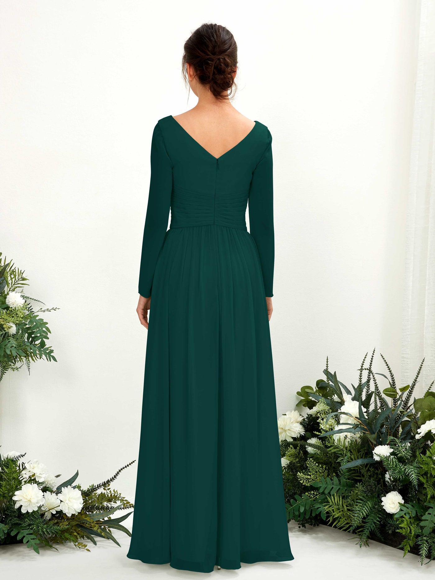 Dark Emerald Bridesmaid Dresses Bridesmaid Dress A-line Chiffon V-neck Full Length Long Sleeves Wedding Party Dress (81220317)#color_dark-emerald