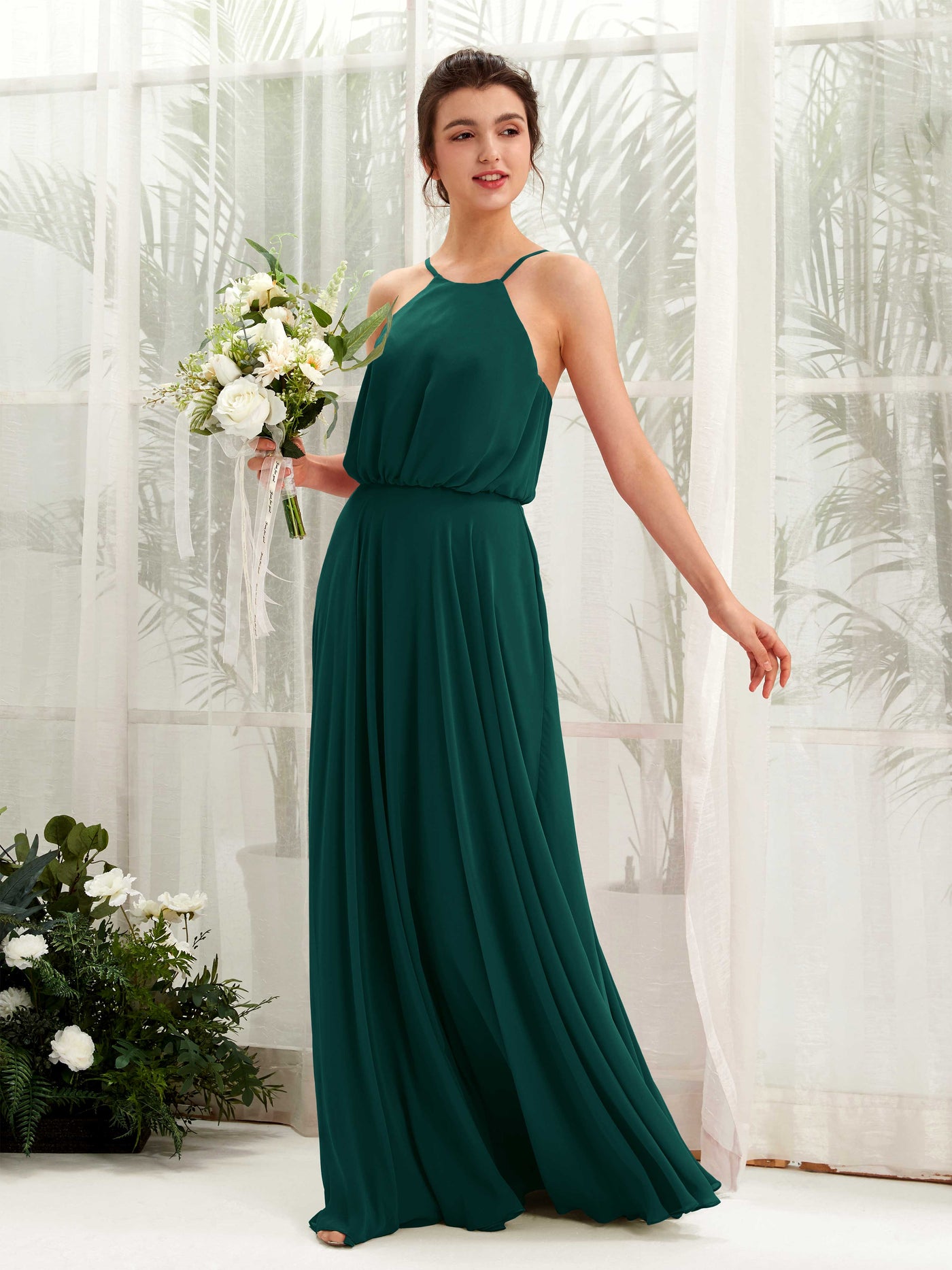 Dark Emerald Bridesmaid Dresses Bridesmaid Dress Ball Gown Chiffon Halter Full Length Sleeveless Wedding Party Dress (81223417)#color_dark-emerald
