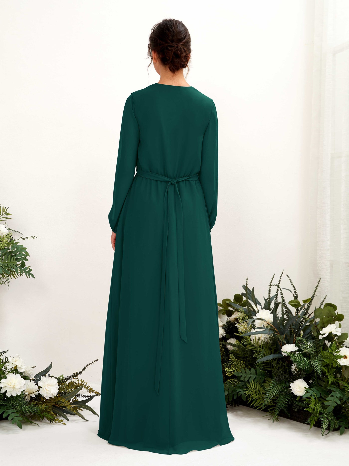 Dark Emerald Bridesmaid Dresses Bridesmaid Dress A-line Chiffon V-neck Full Length Long Sleeves Wedding Party Dress (81223217)#color_dark-emerald