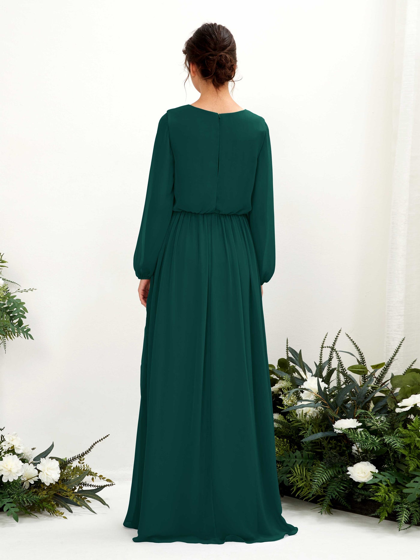 Dark Emerald Bridesmaid Dresses Bridesmaid Dress A-line Chiffon V-neck Full Length Long Sleeves Wedding Party Dress (81223817)#color_dark-emerald