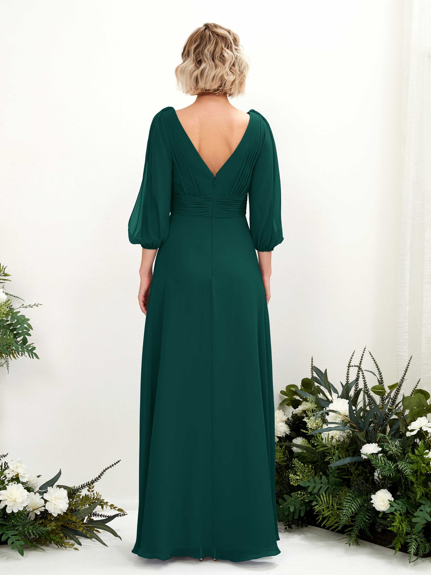 Dark Emerald Bridesmaid Dresses Bridesmaid Dress Chiffon V-neck Full Length Long Sleeves Wedding Party Dress (81223517)#color_dark-emerald
