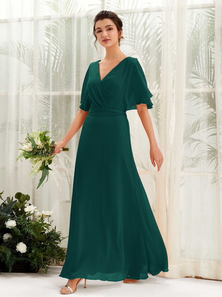 Dark Emerald Bridesmaid Dresses Bridesmaid Dress A-line Chiffon V-neck Full Length Short Sleeves Wedding Party Dress (81222417)
