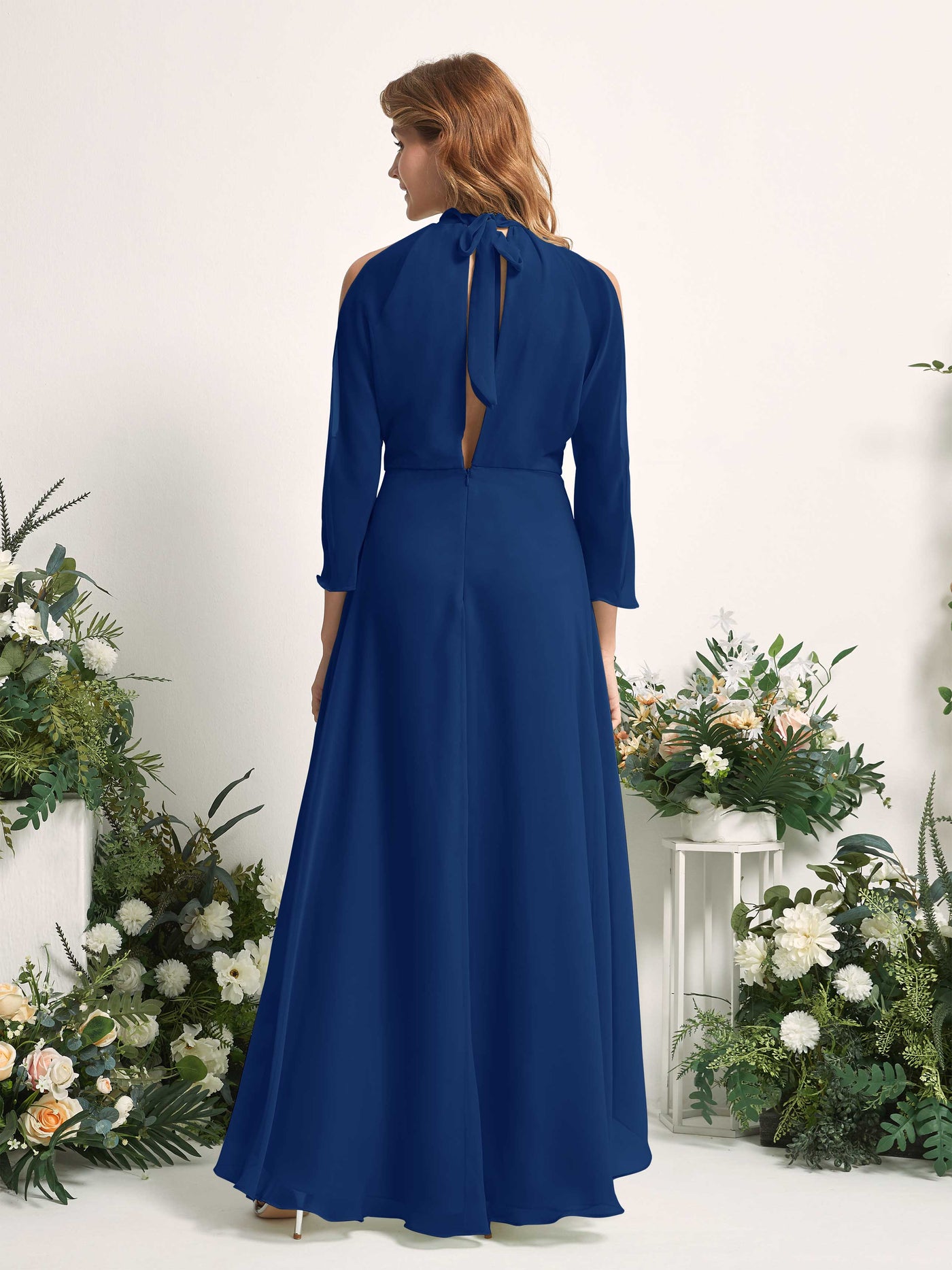 Bridesmaid Dress A-line Chiffon Halter High Low 3/4 Sleeves Wedding Party Dress - Royal Blue (81227637)#color_royal-blue