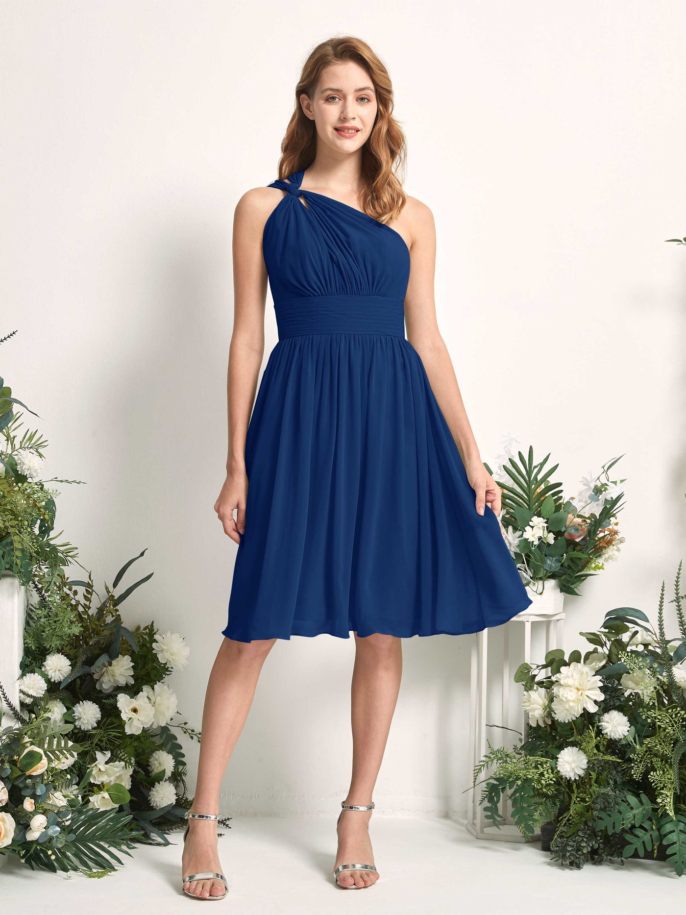 Bridesmaid Dress A-line Chiffon One Shoulder Knee Length Sleeveless Wedding Party Dress - Royal Blue (81221237)#color_royal-blue