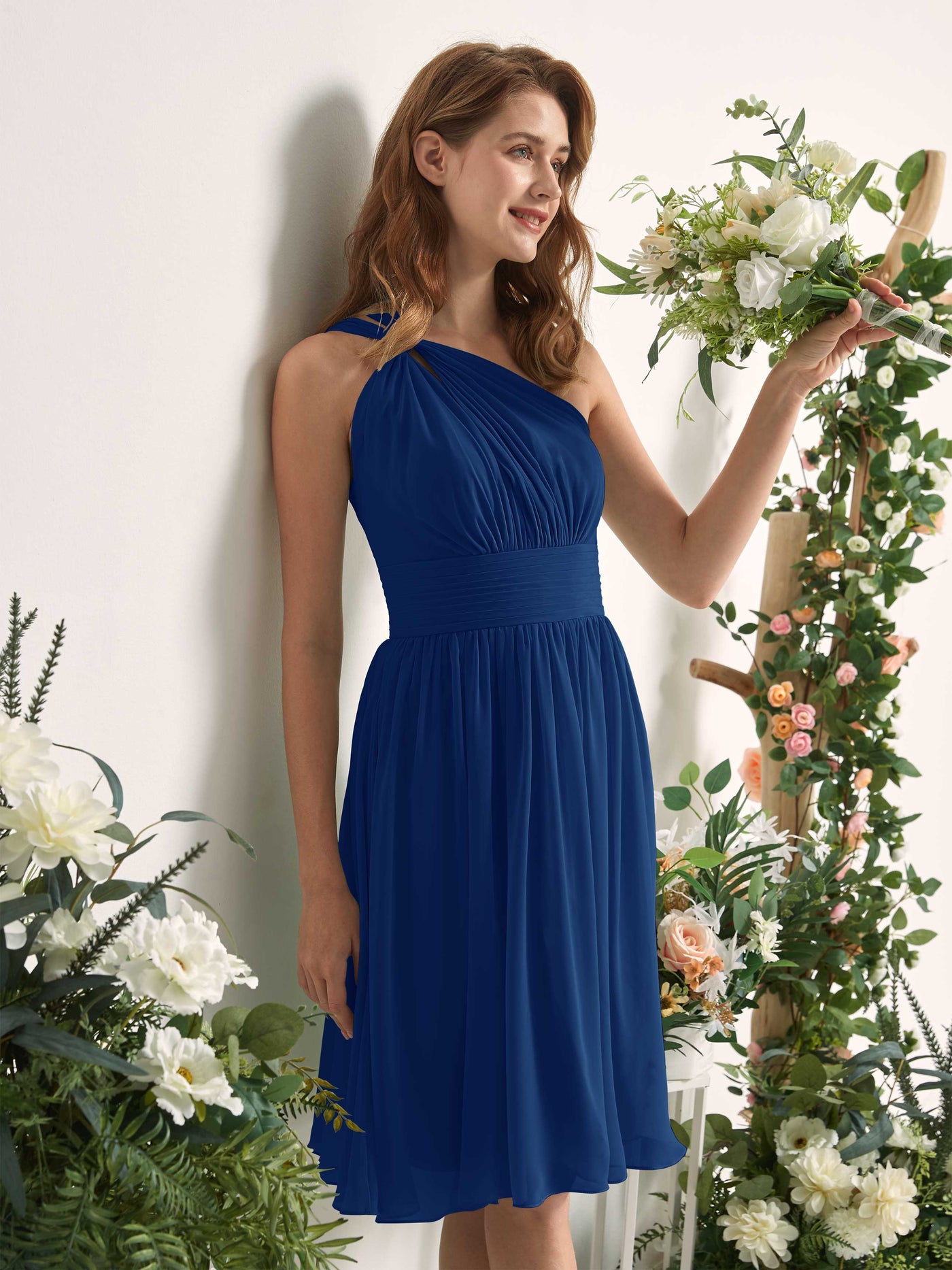 Bridesmaid Dress A-line Chiffon One Shoulder Knee Length Sleeveless Wedding Party Dress - Royal Blue (81221237)#color_royal-blue