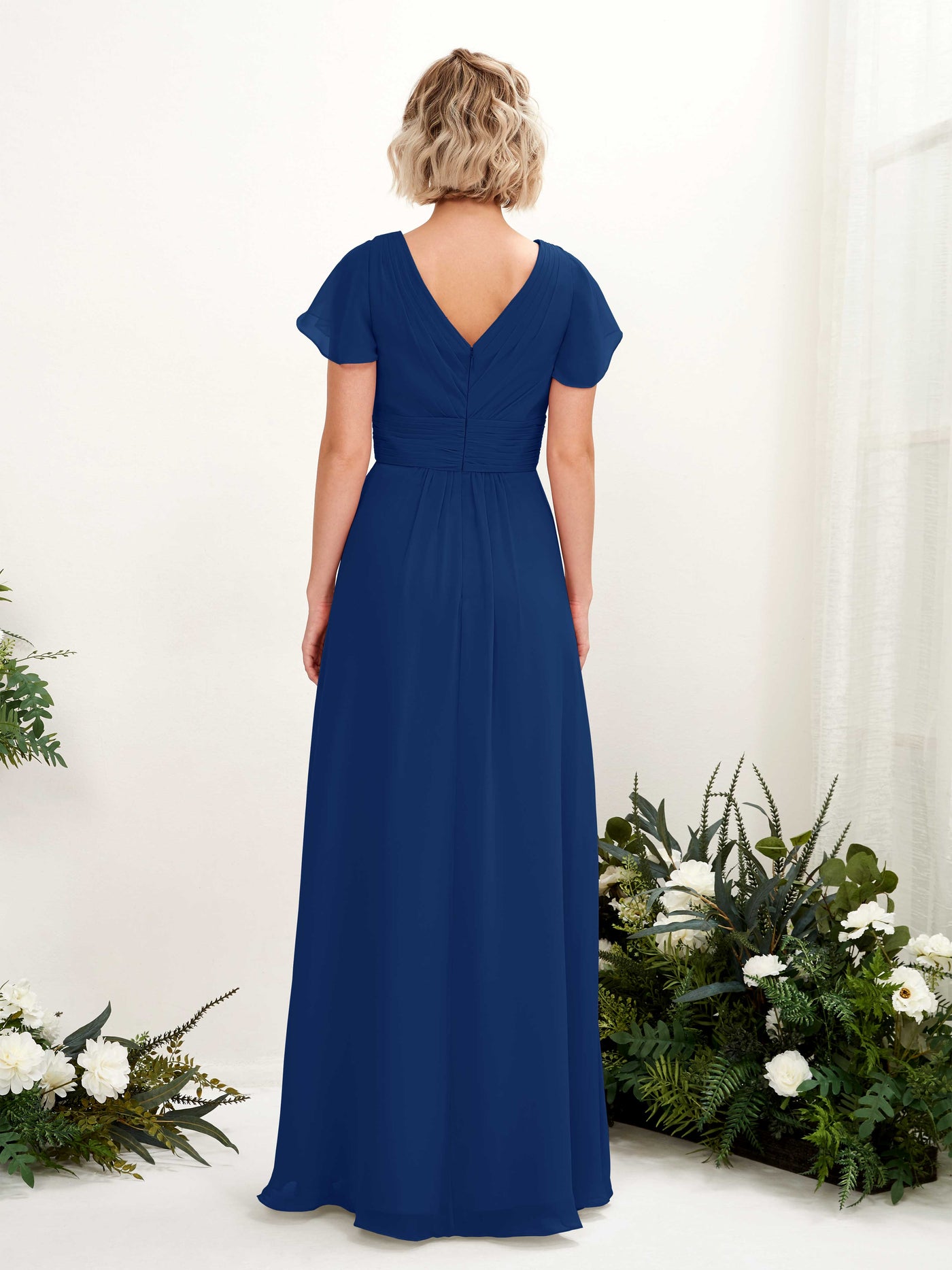 Royal Blue Bridesmaid Dresses Bridesmaid Dress A-line Chiffon V-neck Full Length Short Sleeves Wedding Party Dress (81224337)#color_royal-blue