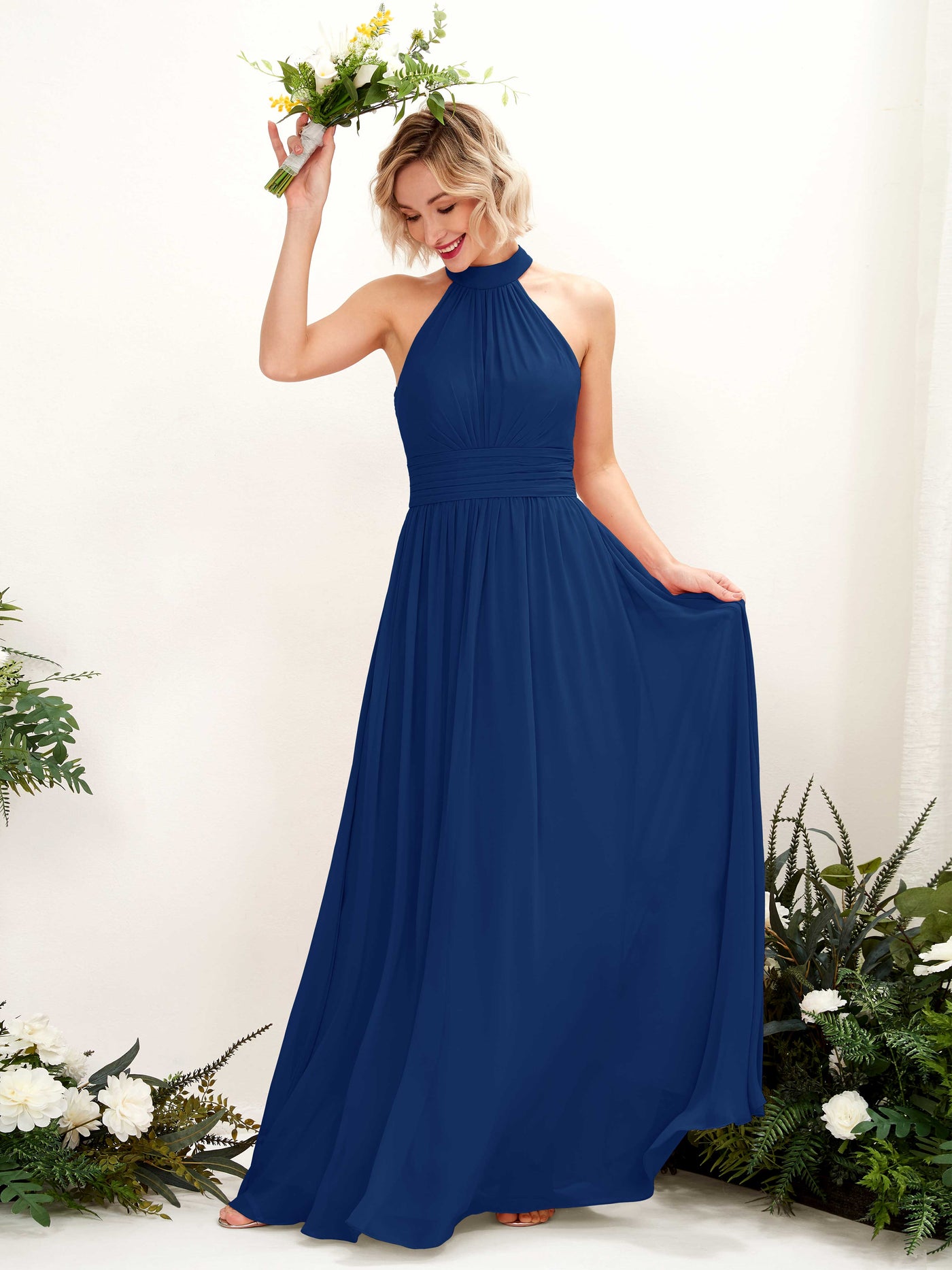 Royal Blue Bridesmaid Dresses Bridesmaid Dress A-line Chiffon Halter Full Length Sleeveless Wedding Party Dress (81225337)#color_royal-blue