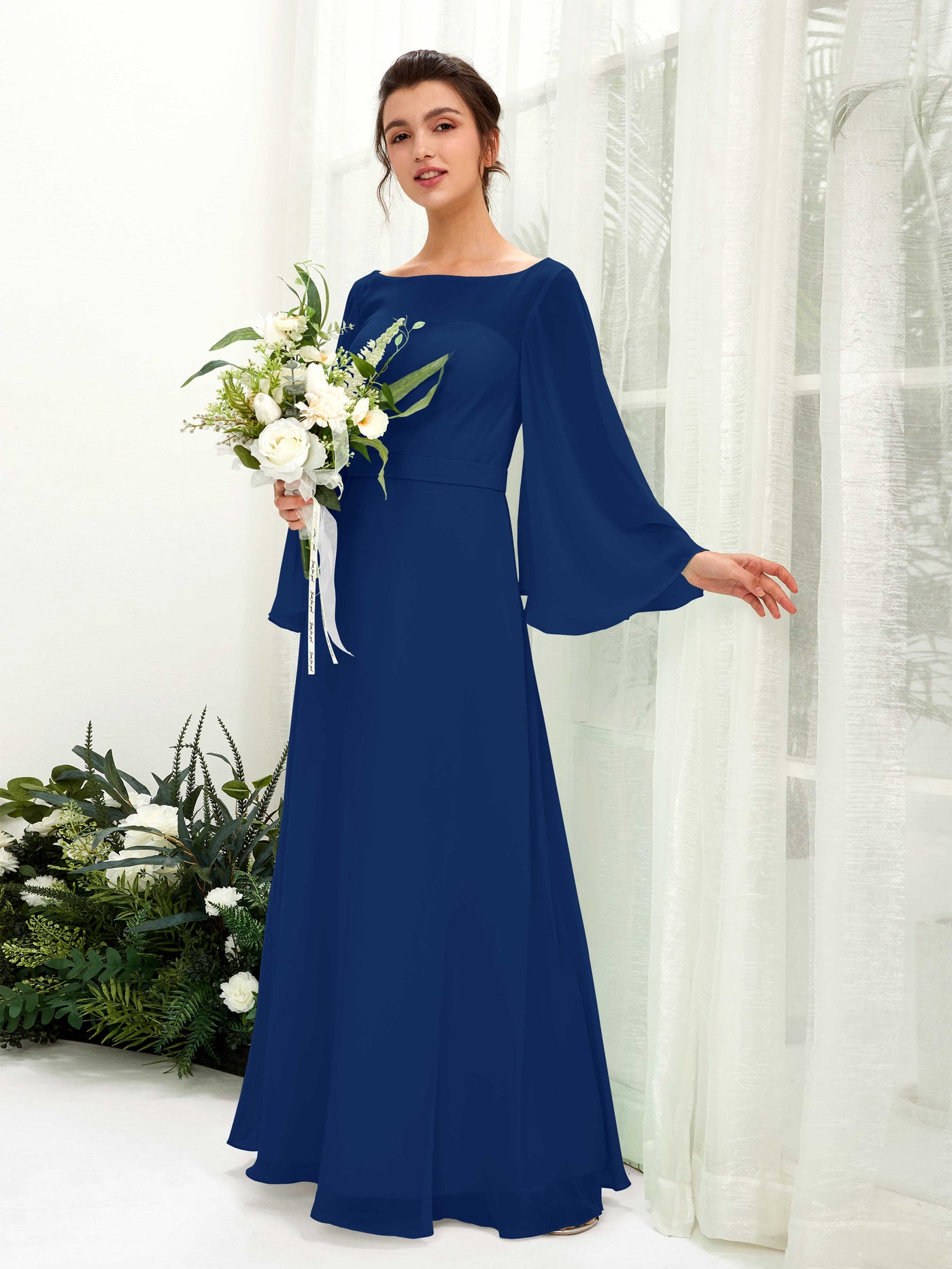 Royal Blue Bridesmaid Dresses Bridesmaid Dress A-line Chiffon Bateau Full Length Long Sleeves Wedding Party Dress (81220537)#color_royal-blue