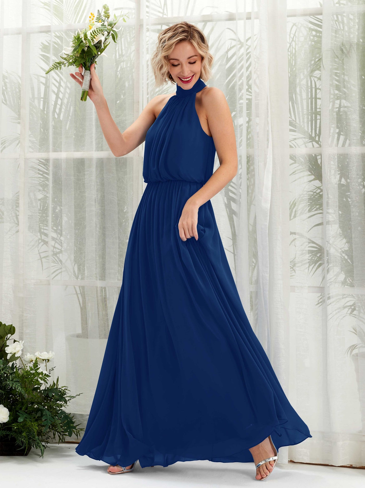 Royal Blue Bridesmaid Dresses Bridesmaid Dress A-line Chiffon Halter Full Length Sleeveless Wedding Party Dress (81222937)#color_royal-blue