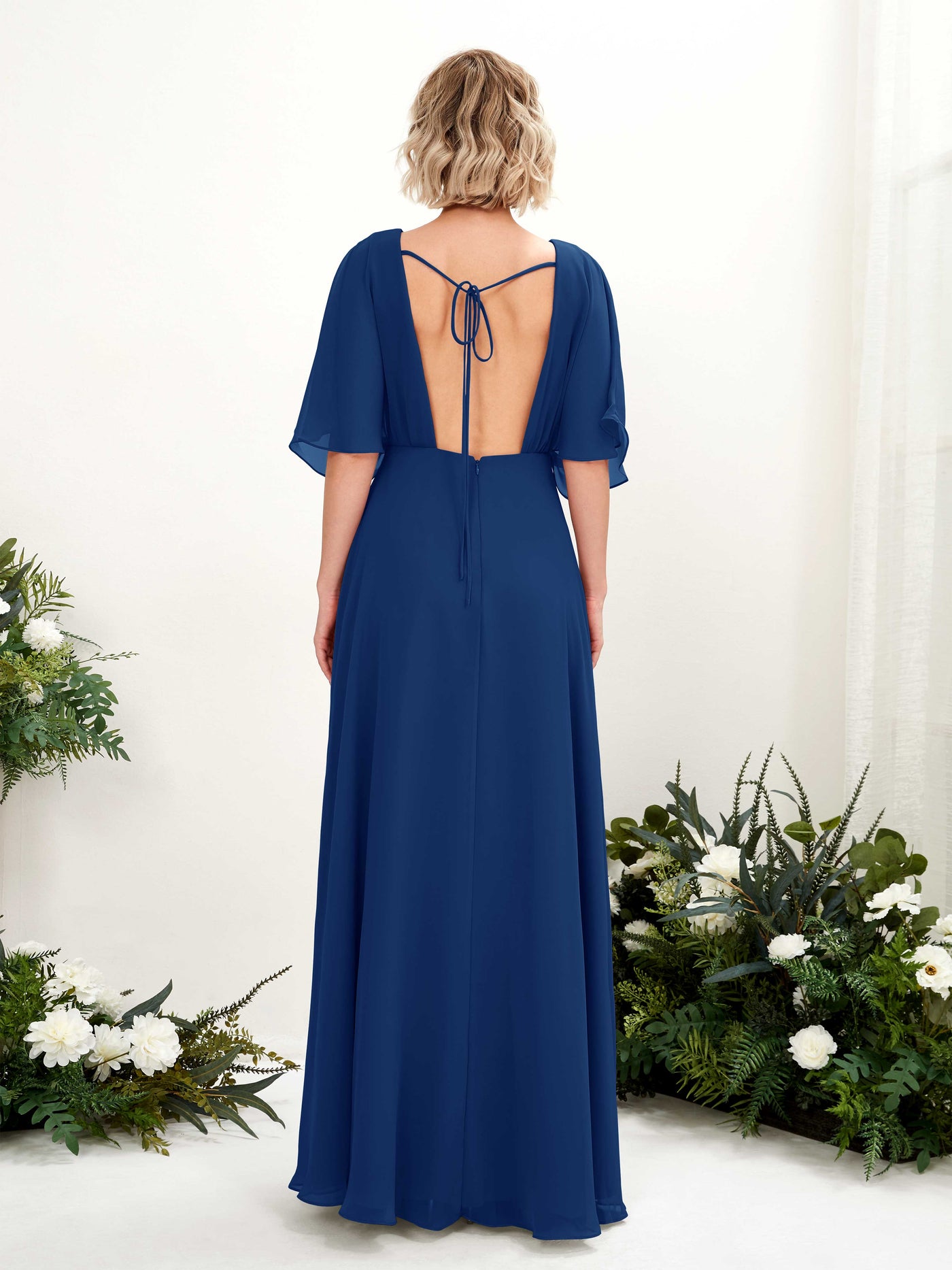 Royal Blue Bridesmaid Dresses Bridesmaid Dress A-line Chiffon V-neck Full Length Short Sleeves Wedding Party Dress (81225137)#color_royal-blue