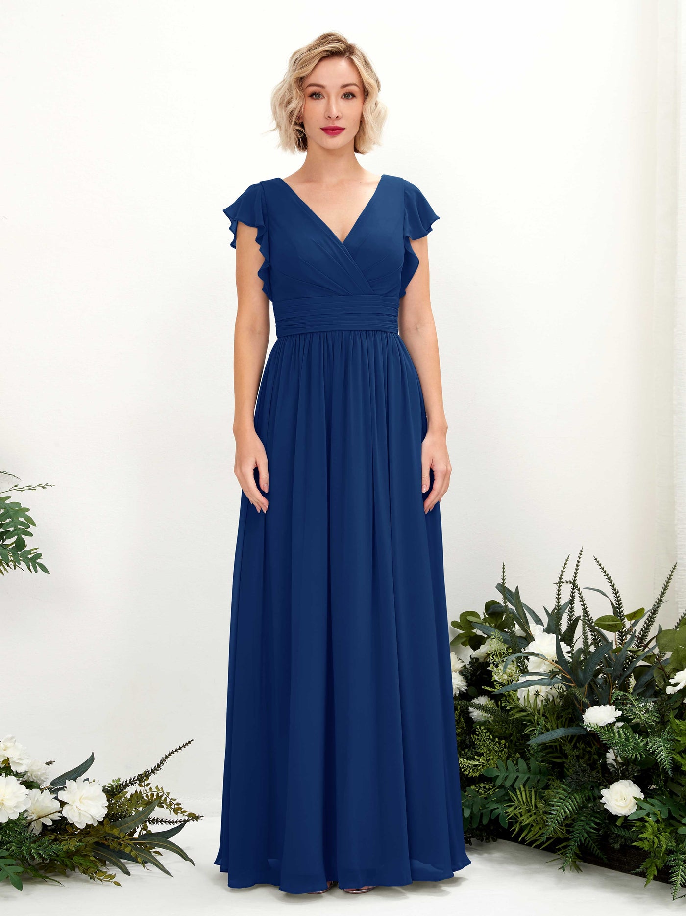 Royal Blue Bridesmaid Dresses Bridesmaid Dress A-line Chiffon V-neck Full Length Short Sleeves Wedding Party Dress (81222737)#color_royal-blue