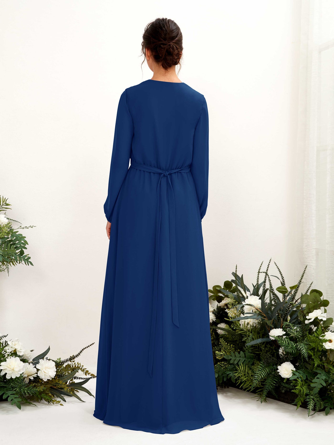 Royal Blue Bridesmaid Dresses Bridesmaid Dress A-line Chiffon V-neck Full Length Long Sleeves Wedding Party Dress (81223237)#color_royal-blue