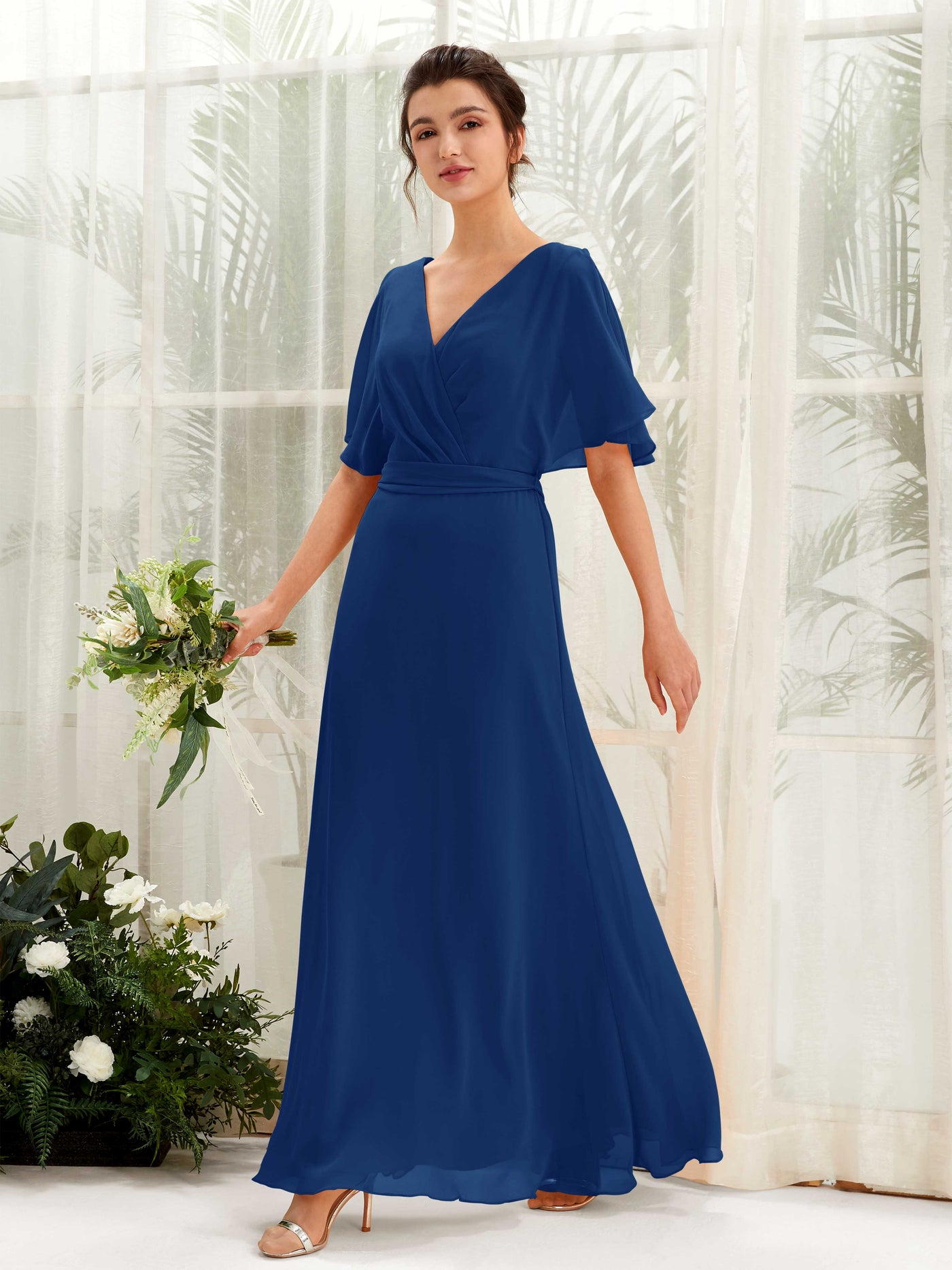 Royal Blue Bridesmaid Dresses Bridesmaid Dress A-line Chiffon V-neck Full Length Short Sleeves Wedding Party Dress (81222437)#color_royal-blue