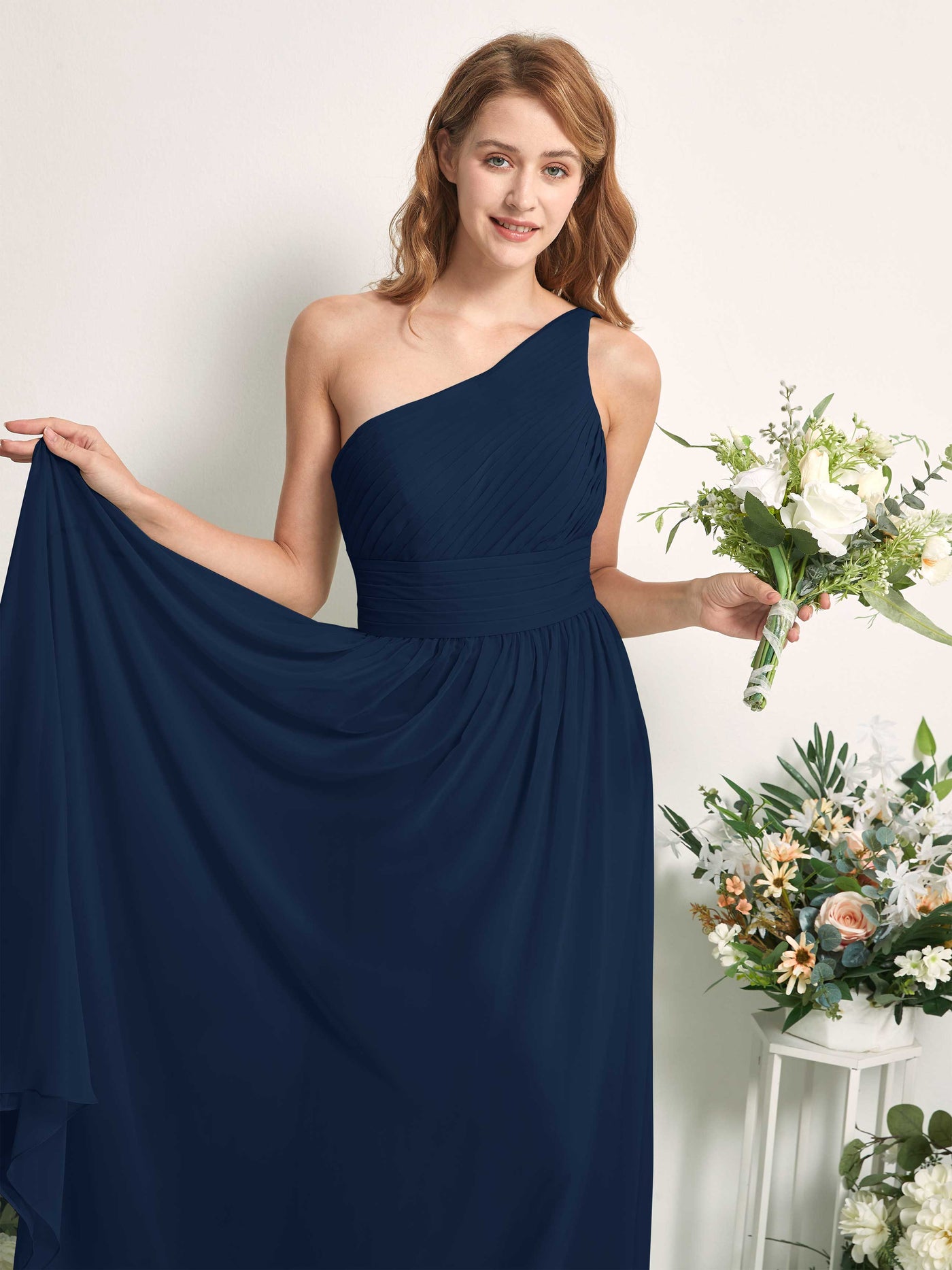 Bridesmaid Dress A-line Chiffon One Shoulder Full Length Sleeveless Wedding Party Dress - Navy (81226713)#color_navy