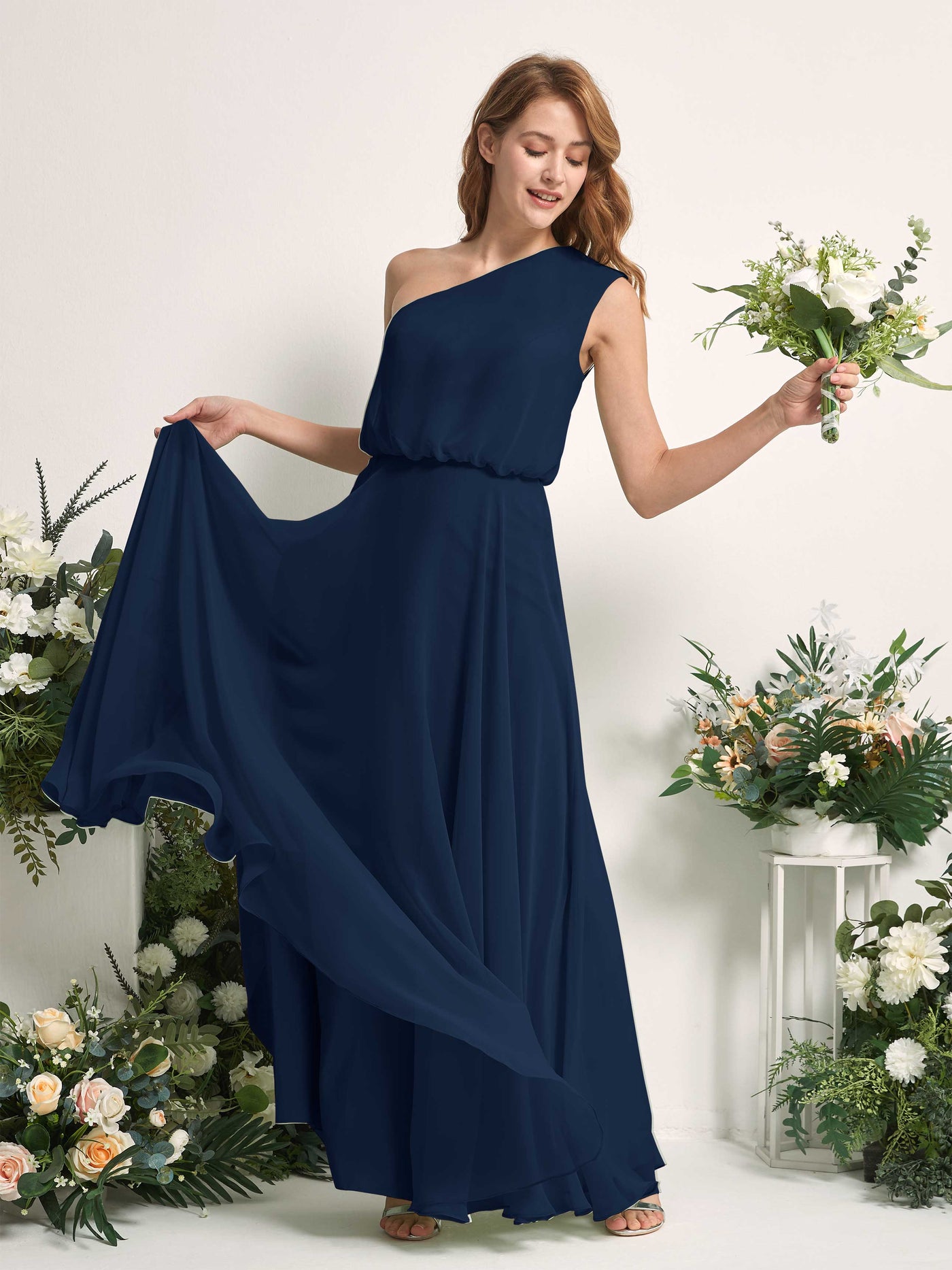 Bridesmaid Dress A-line Chiffon One Shoulder Full Length Sleeveless Wedding Party Dress - Navy (81226813)#color_navy