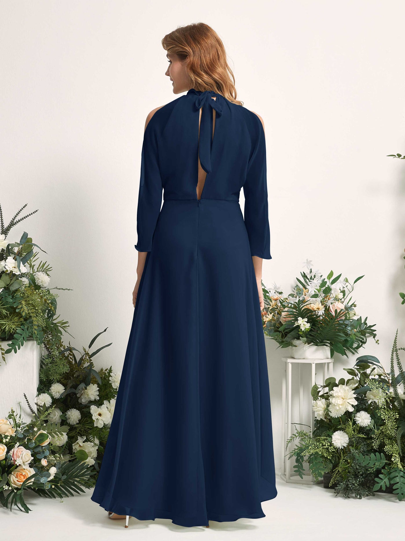 Bridesmaid Dress A-line Chiffon Halter High Low 3/4 Sleeves Wedding Party Dress - Navy (81227613)#color_navy