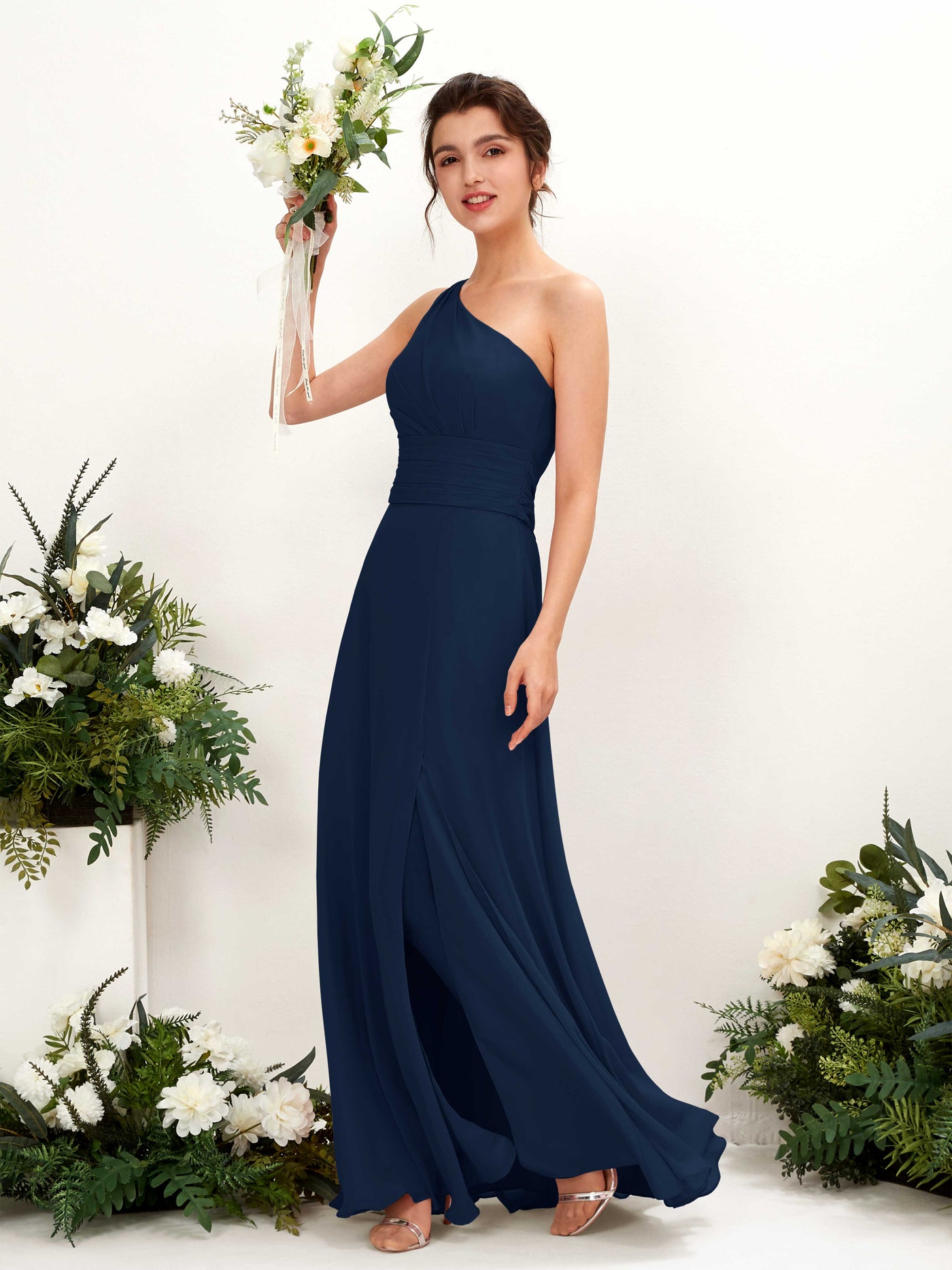 Navy Bridesmaid Dresses Bridesmaid Dress A-line Chiffon One Shoulder Full Length Sleeveless Wedding Party Dress (81224713)#color_navy