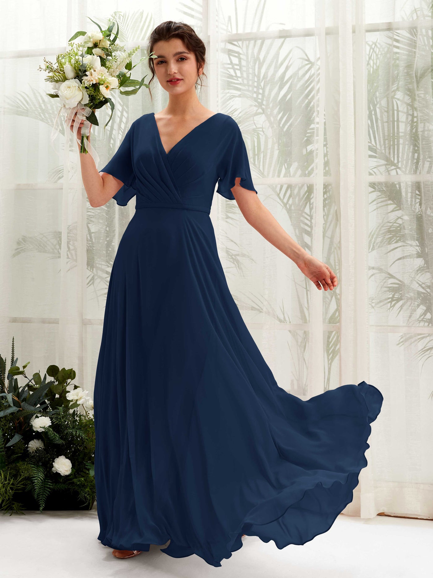 Navy Bridesmaid Dresses Bridesmaid Dress A-line Chiffon V-neck Full Length Short Sleeves Wedding Party Dress (81224613)#color_navy