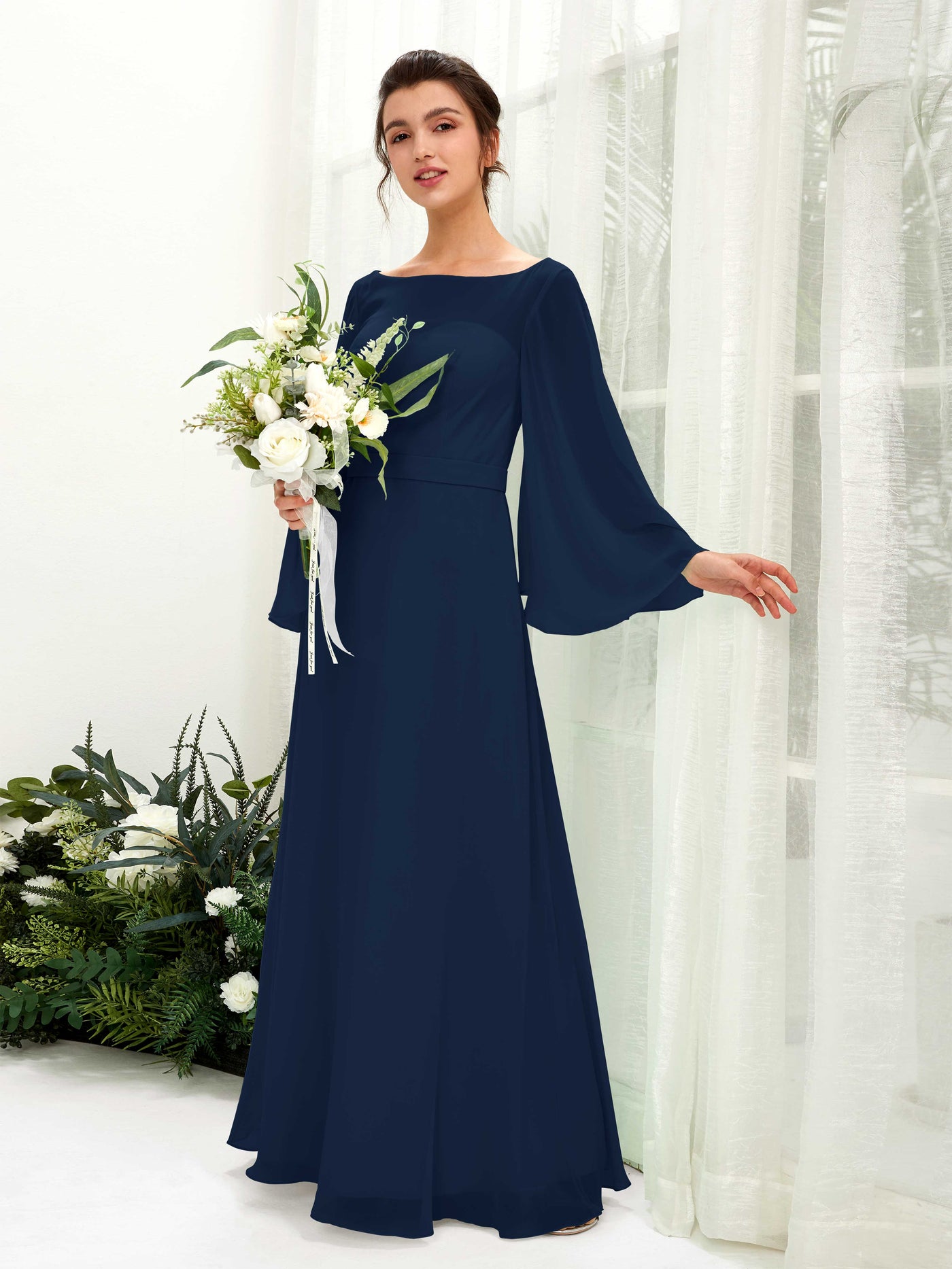 Navy Bridesmaid Dresses Bridesmaid Dress A-line Chiffon Bateau Full Length Long Sleeves Wedding Party Dress (81220513)#color_navy