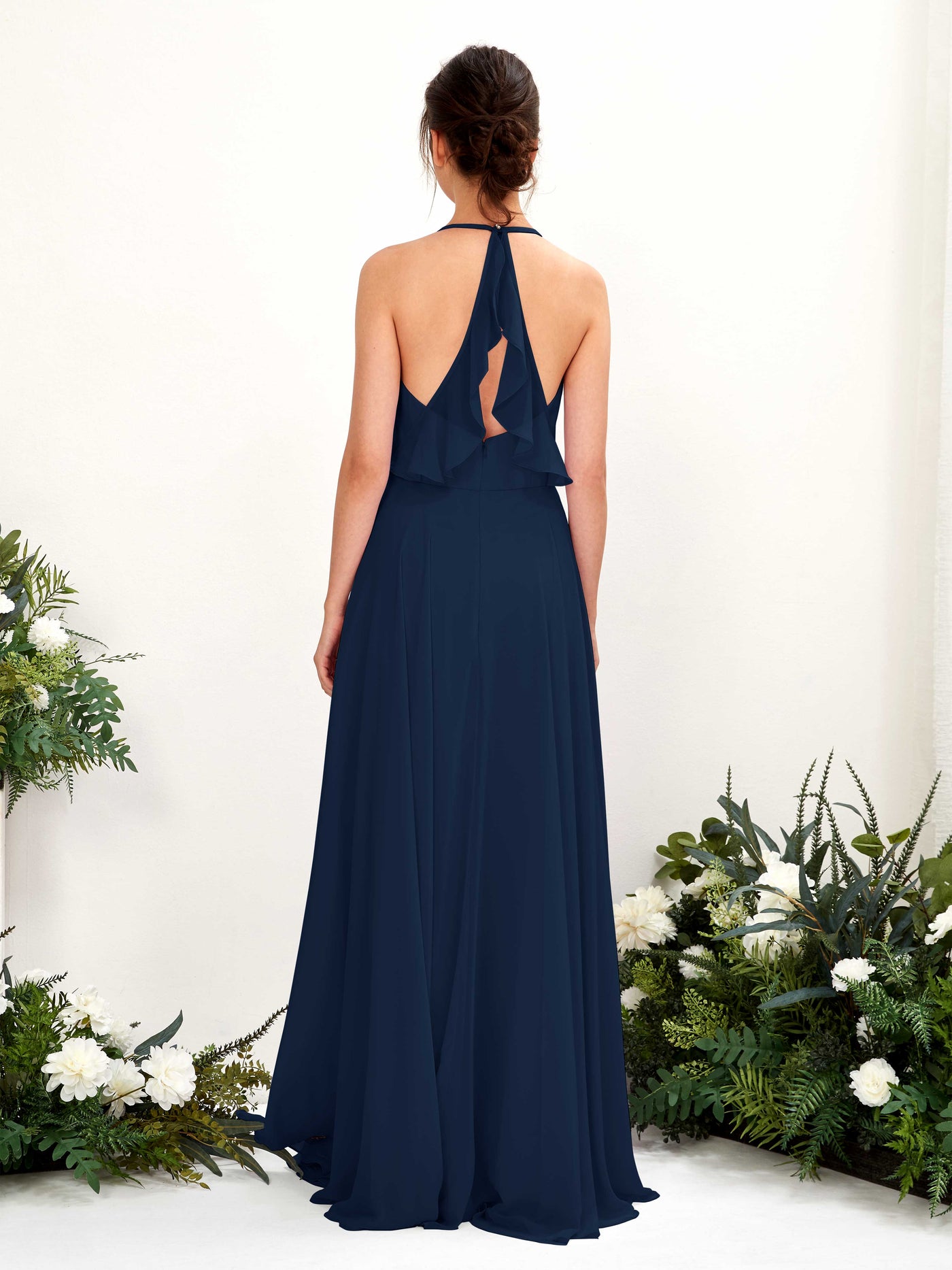 Halter V-neck Sleeveless Chiffon Bridesmaid Dress - Navy (81221013)#color_navy