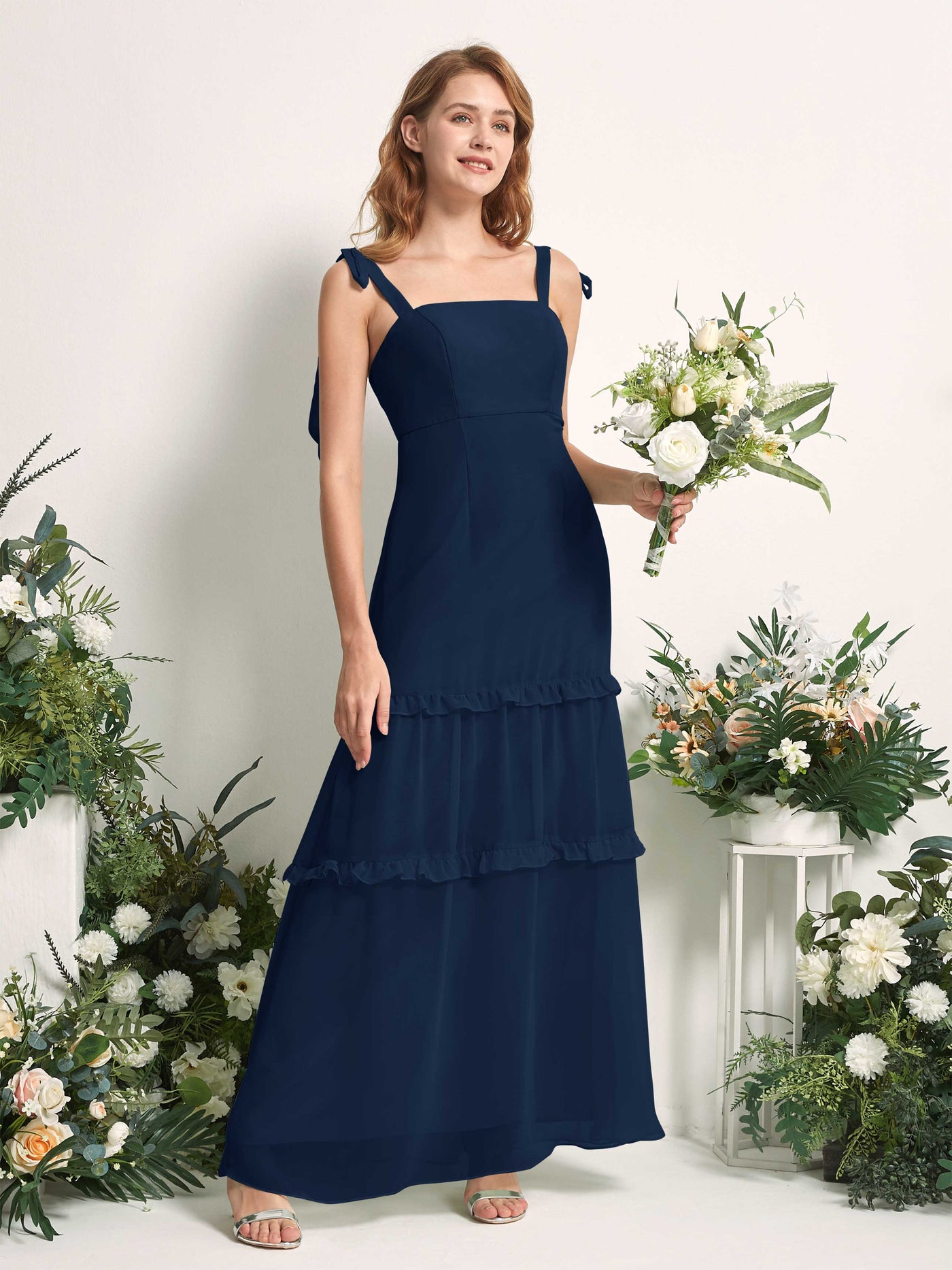 Bridesmaid Dress Chiffon Straps Full Length Sleeveless Wedding Party Dress - Navy (81227513)#color_navy