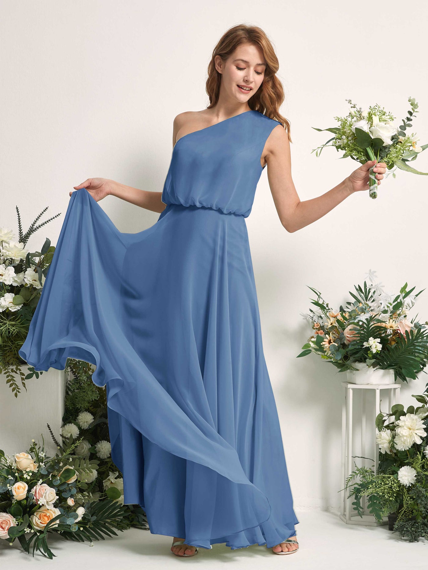Bridesmaid Dress A-line Chiffon One Shoulder Full Length Sleeveless Wedding Party Dress - Dusty Blue (81226810)#color_dusty-blue