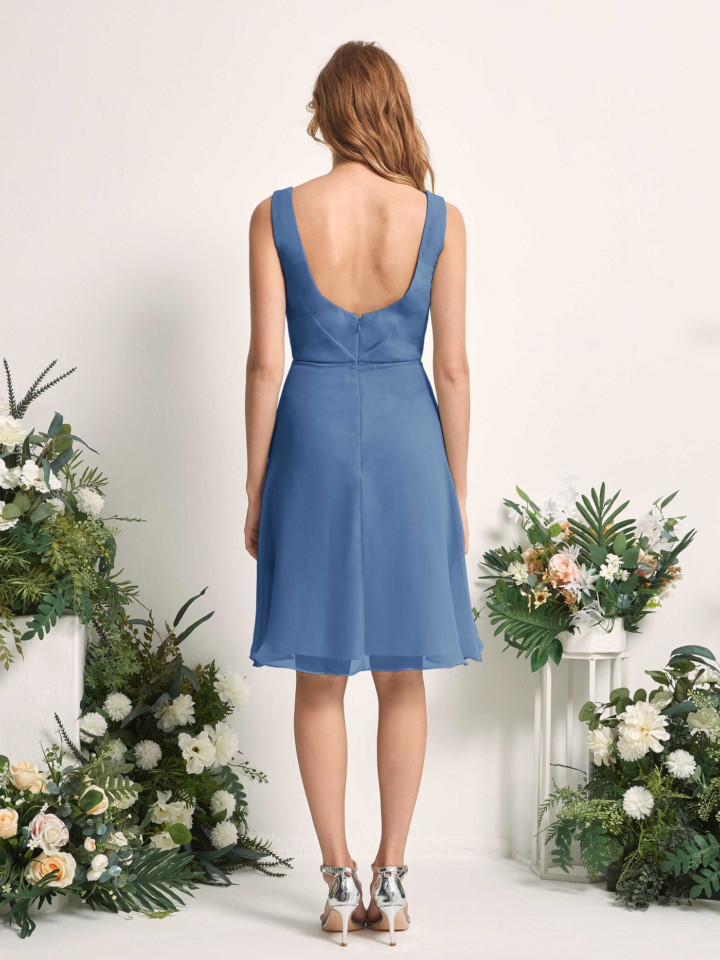 Bridesmaid Dress A-line Chiffon Straps Knee Length Sleeveless Wedding Party Dress - Dusty Blue (81226610)#color_dusty-blue