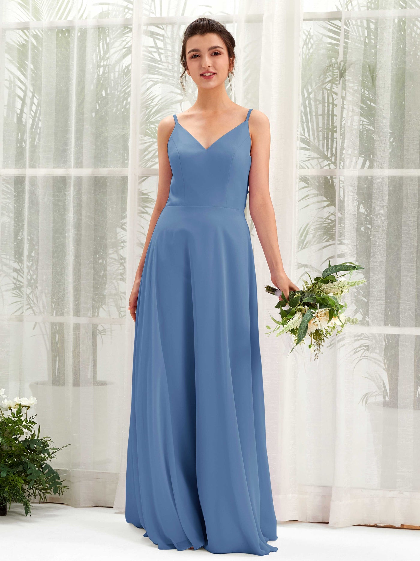 Dusty Blue Bridesmaid Dresses Bridesmaid Dress A-line Chiffon Spaghetti-straps Full Length Sleeveless Wedding Party Dress (81220610)#color_dusty-blue