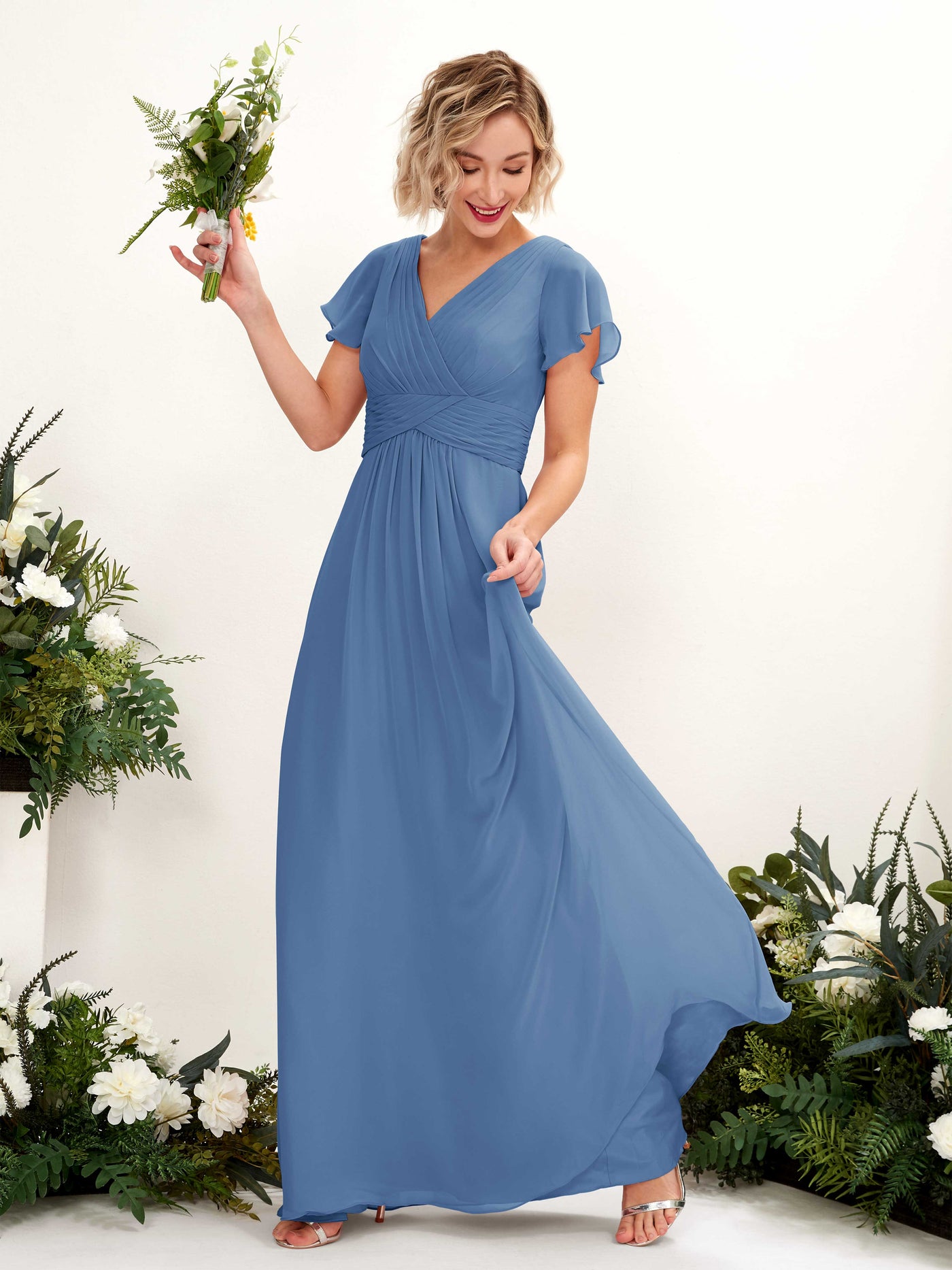 Dusty Blue Bridesmaid Dresses Bridesmaid Dress A-line Chiffon V-neck Full Length Short Sleeves Wedding Party Dress (81224310)#color_dusty-blue