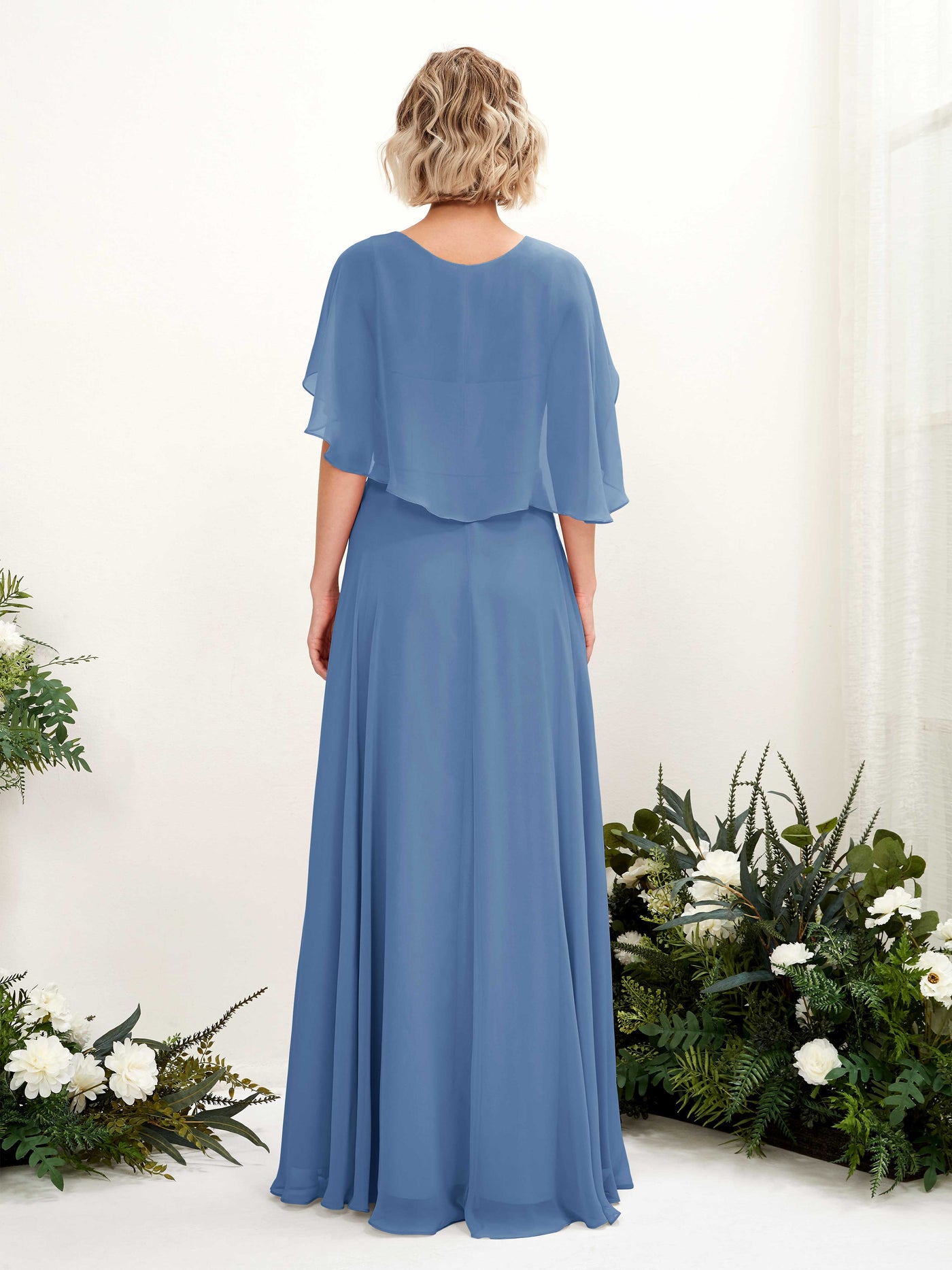 Dusty Blue Bridesmaid Dresses Bridesmaid Dress A-line Chiffon V-neck Full Length Short Sleeves Wedding Party Dress (81224410)#color_dusty-blue