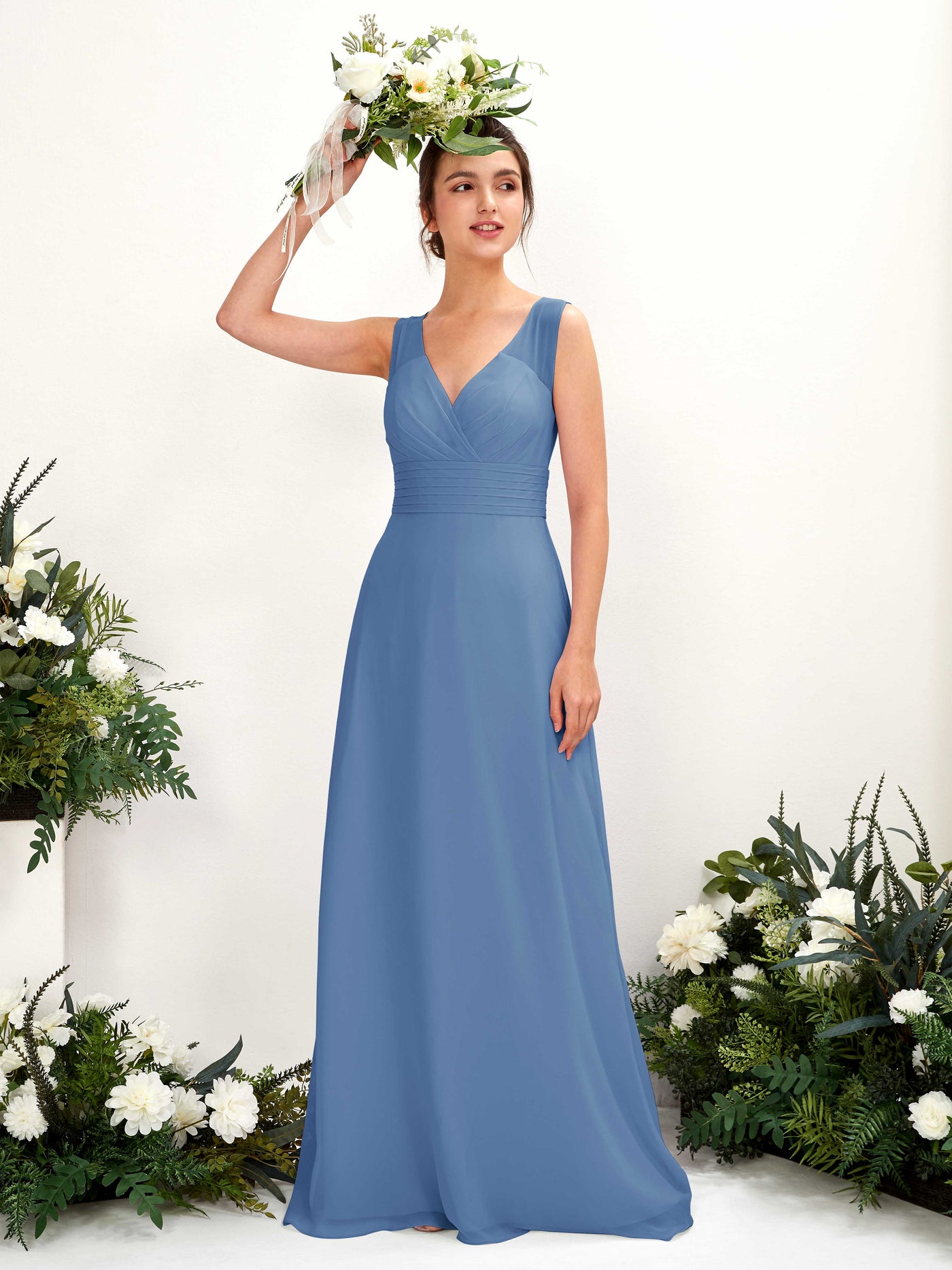 Dusty Blue Bridesmaid Dresses Bridesmaid Dress A-line Chiffon Straps Full Length Sleeveless Wedding Party Dress (81220910)#color_dusty-blue