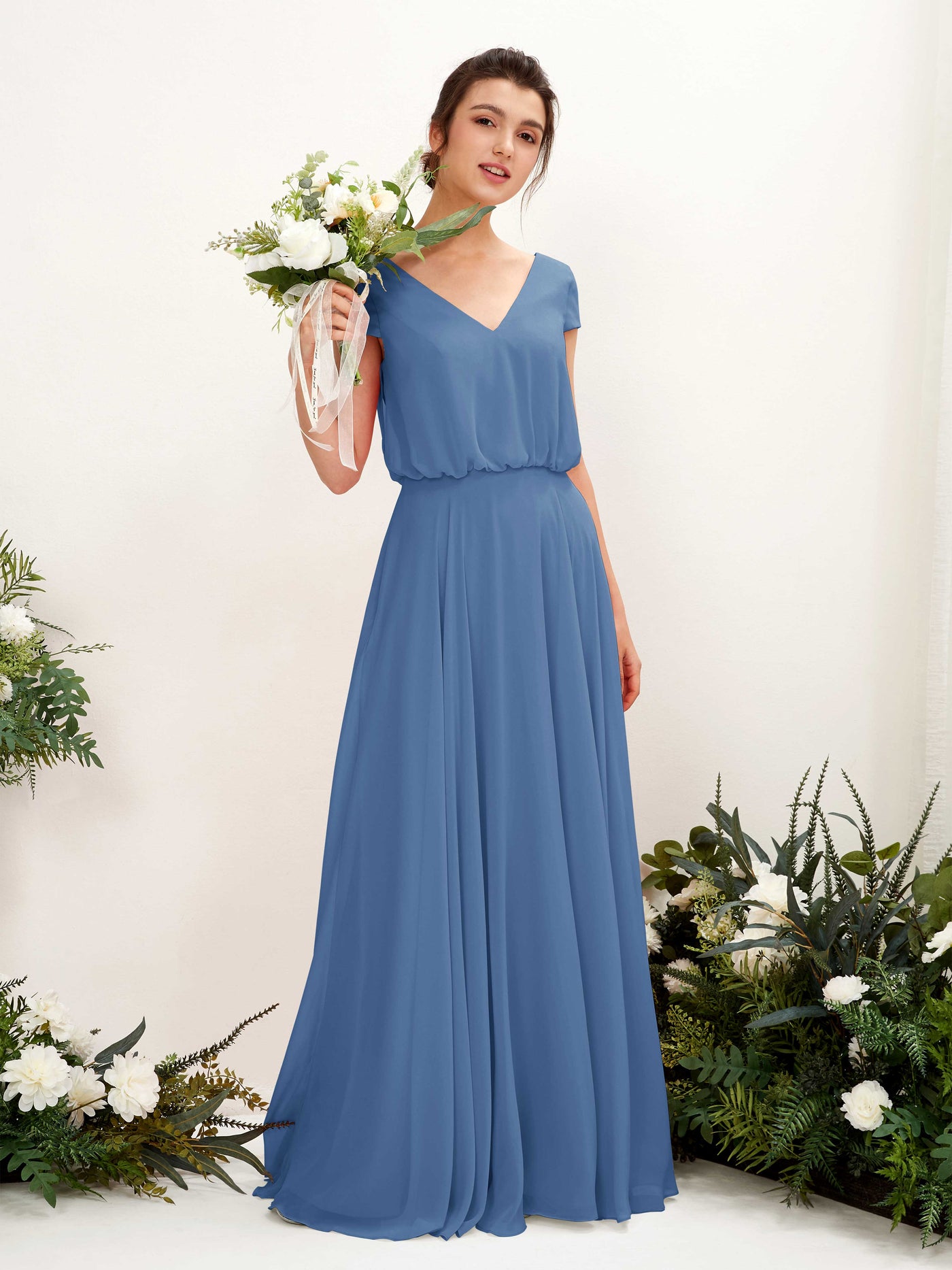 Dusty Blue Bridesmaid Dresses Bridesmaid Dress A-line Chiffon V-neck Full Length Short Sleeves Wedding Party Dress (81221810)#color_dusty-blue