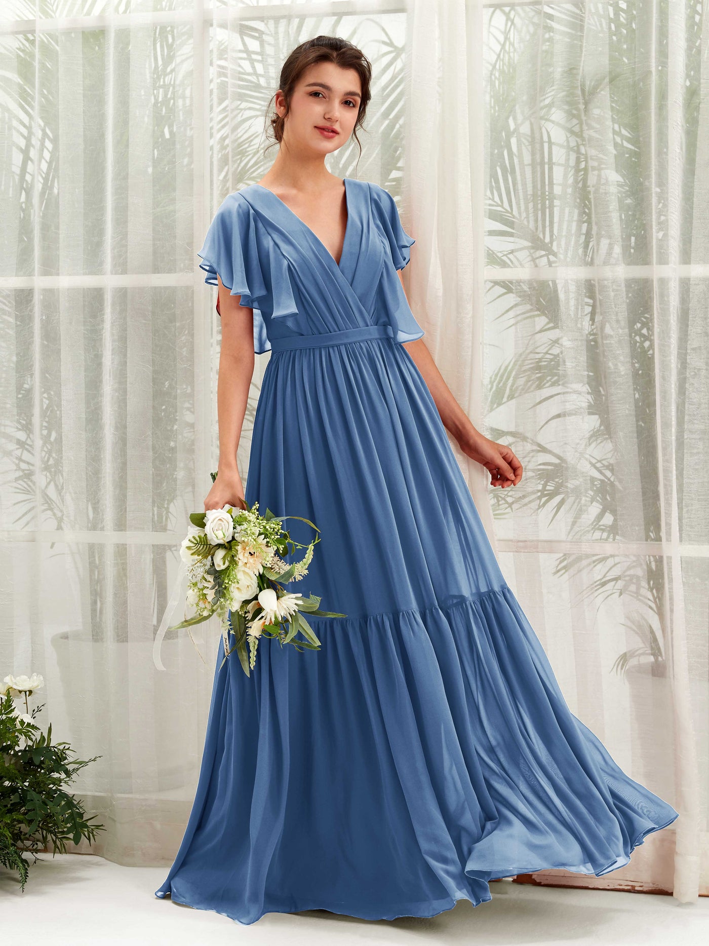 Dusty Blue Bridesmaid Dresses Bridesmaid Dress A-line Chiffon V-neck Full Length Short Sleeves Wedding Party Dress (81225910)#color_dusty-blue
