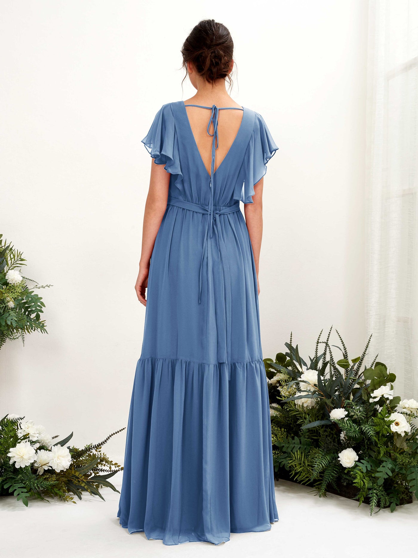 Dusty Blue Bridesmaid Dresses Bridesmaid Dress A-line Chiffon V-neck Full Length Short Sleeves Wedding Party Dress (81225910)#color_dusty-blue