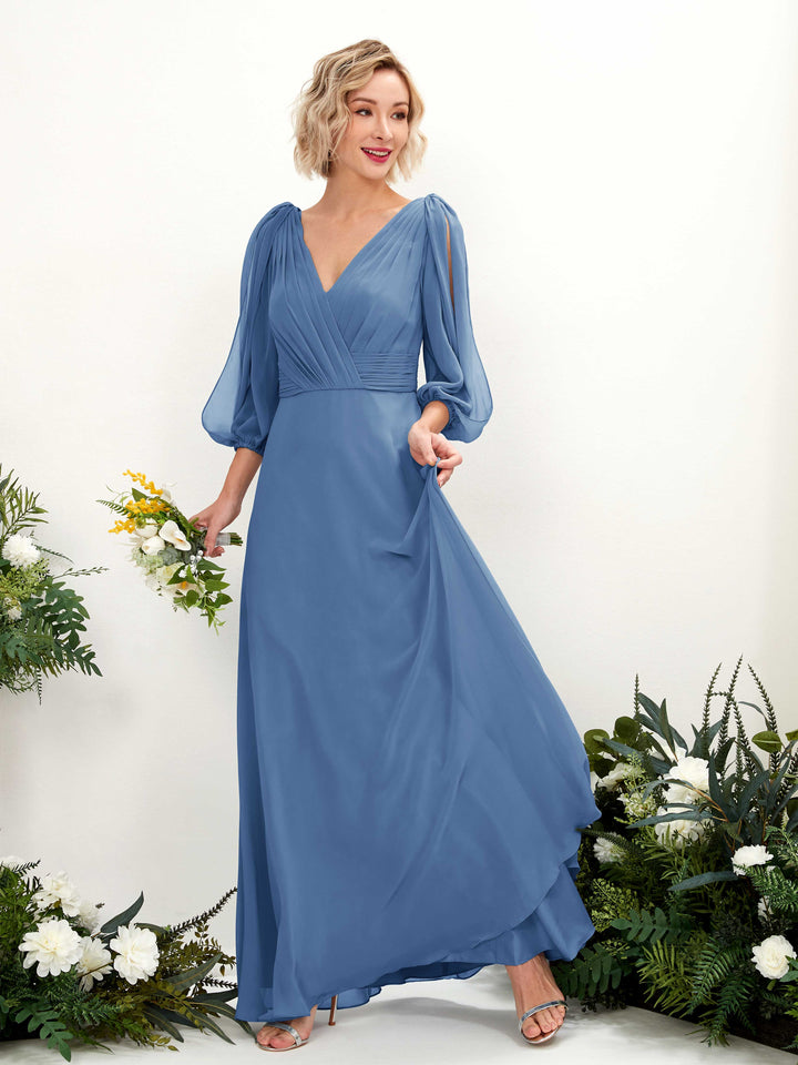 Dusty Blue Bridesmaid Dresses Bridesmaid Dress Chiffon V-neck Full Length Long Sleeves Wedding Party Dress (81223510)