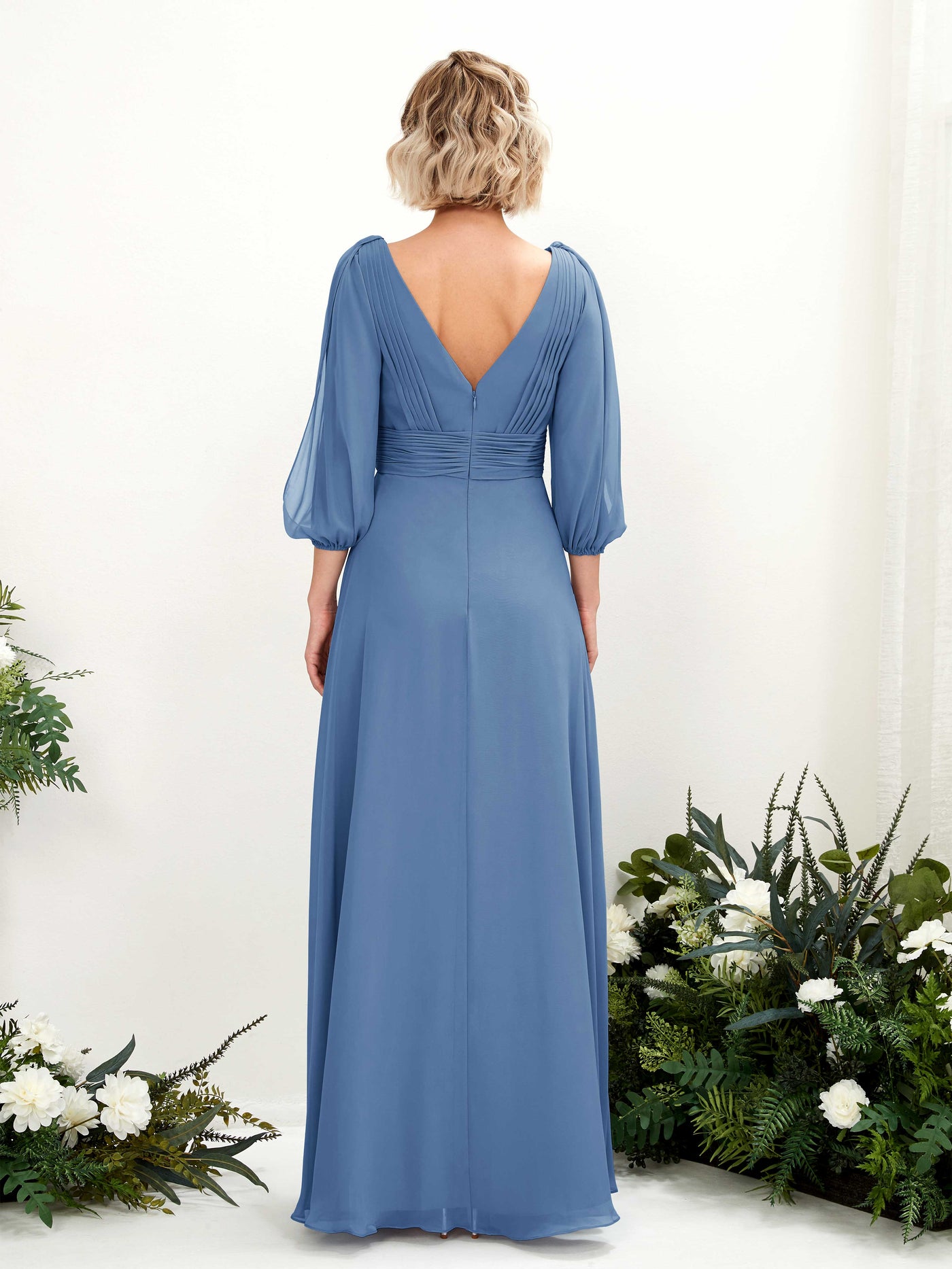Dusty Blue Bridesmaid Dresses Bridesmaid Dress Chiffon V-neck Full Length Long Sleeves Wedding Party Dress (81223510)#color_dusty-blue