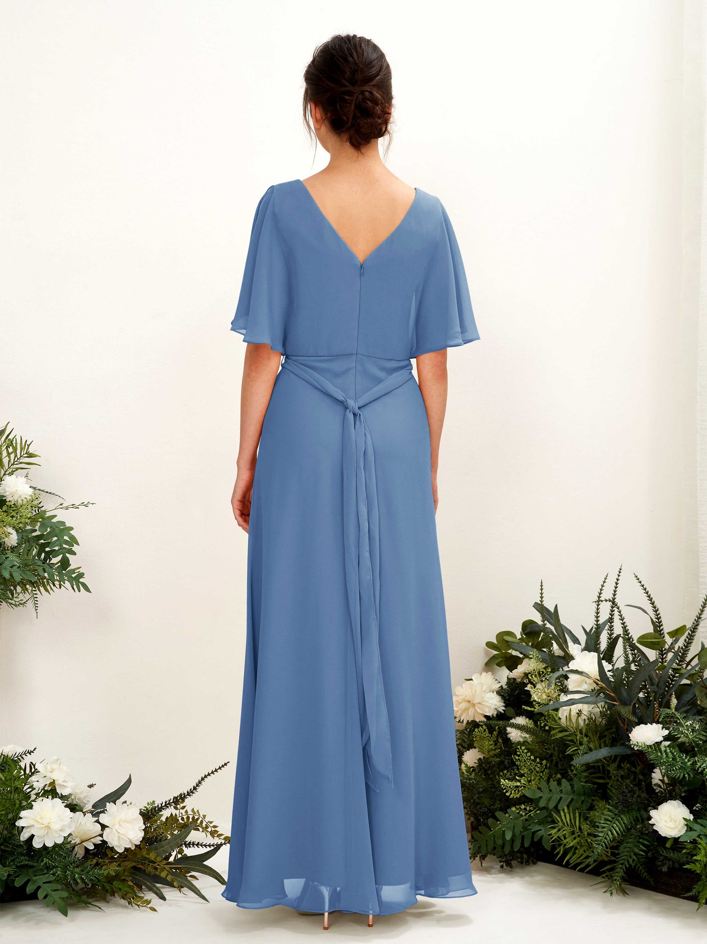 Dusty Blue Bridesmaid Dresses Bridesmaid Dress A-line Chiffon V-neck Full Length Short Sleeves Wedding Party Dress (81222410)#color_dusty-blue