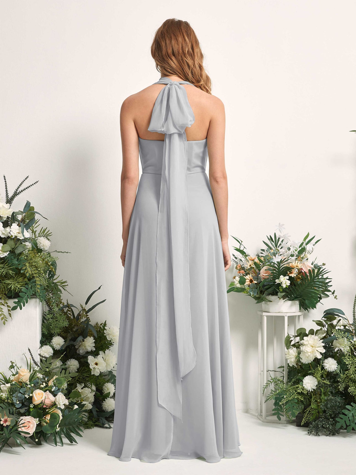 Silver Bridesmaid Dresses Bridesmaid Dress A-line Chiffon Halter Full Length Short Sleeves Wedding Party Dress (81226327)#color_silver
