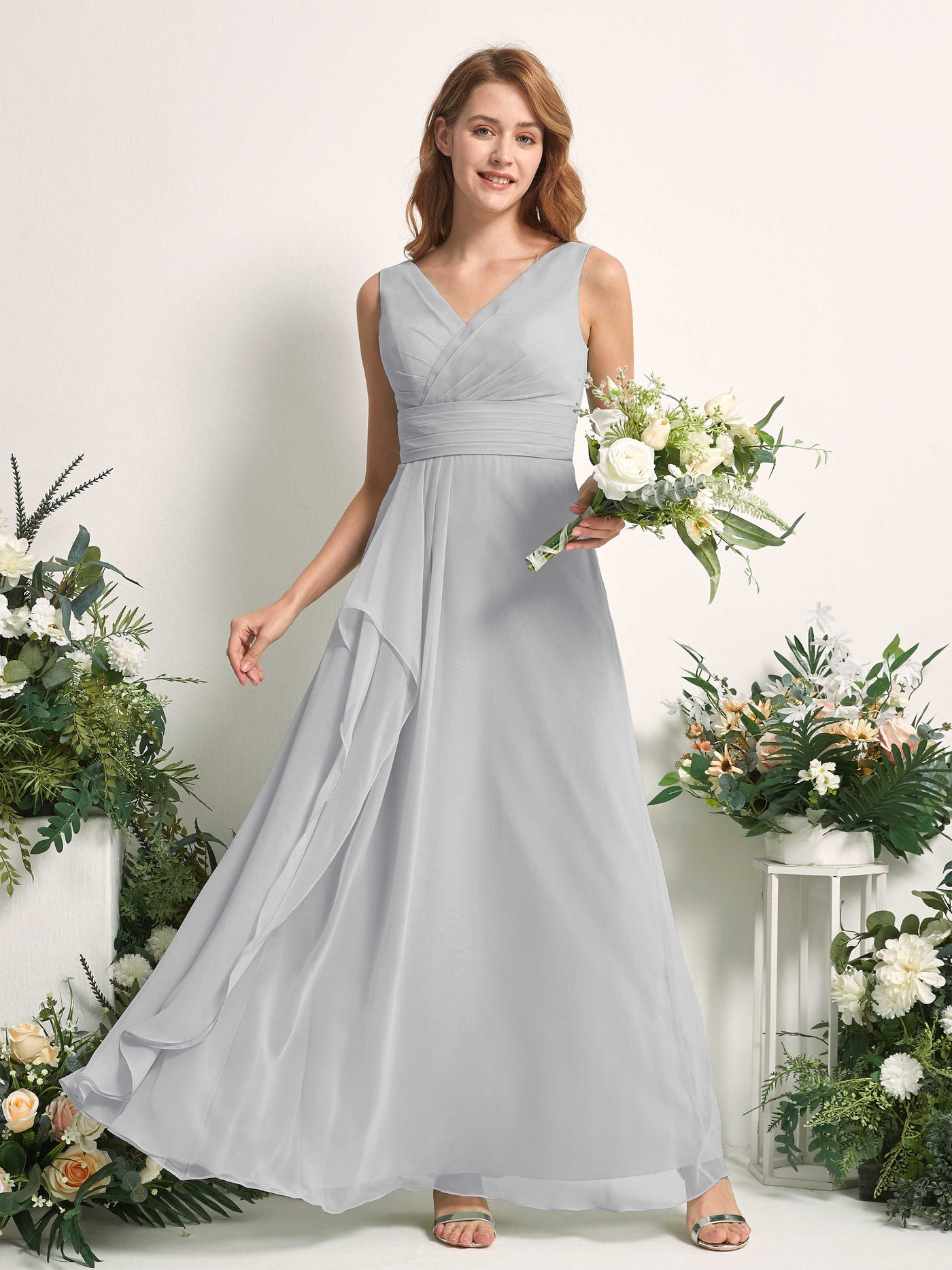Bridesmaid Dress A-line Chiffon V-neck Full Length Sleeveless Wedding Party Dress - Silver (81227127)#color_silver