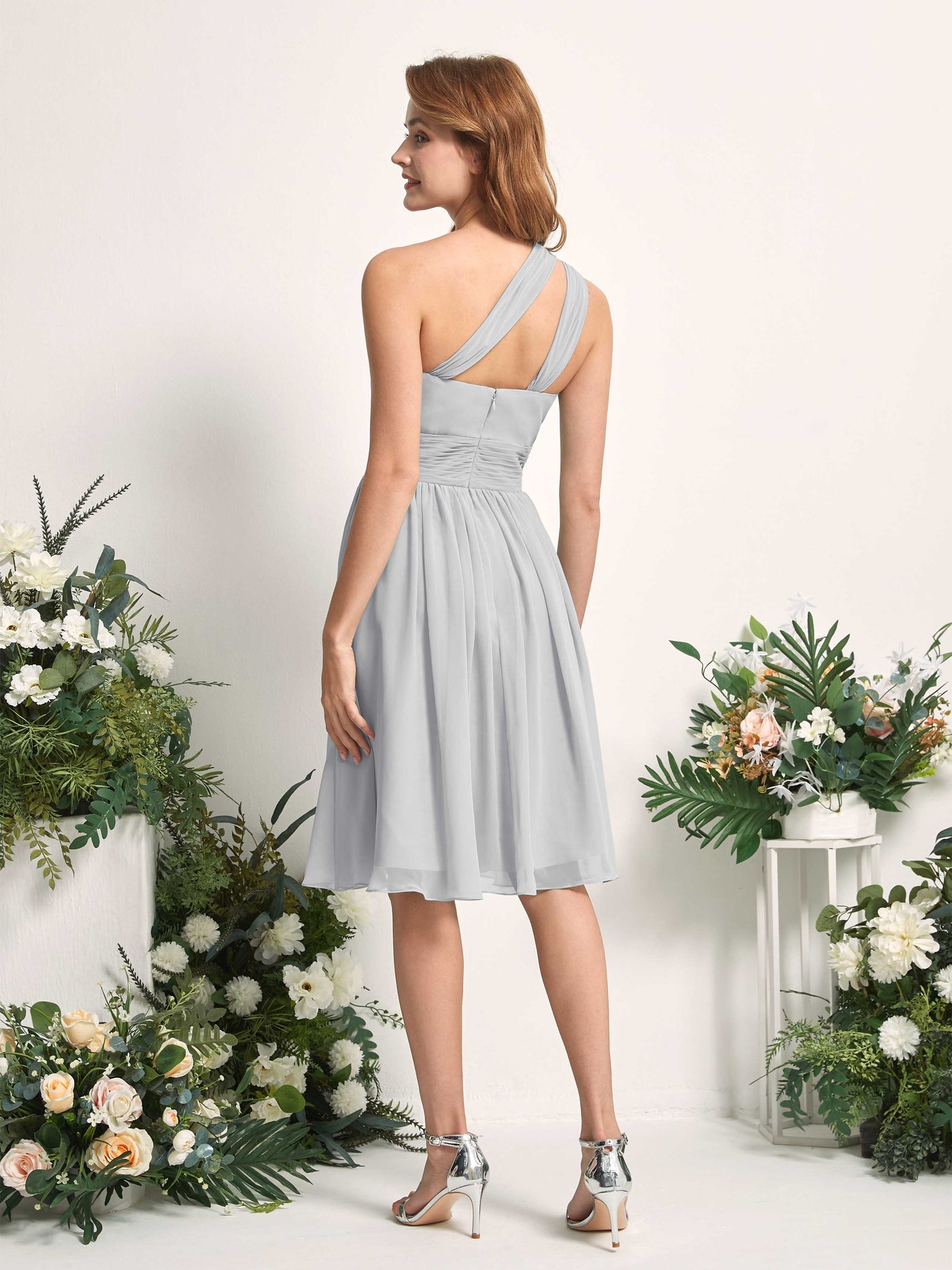 Bridesmaid Dress A-line Chiffon One Shoulder Knee Length Sleeveless Wedding Party Dress - Silver (81221227)#color_silver