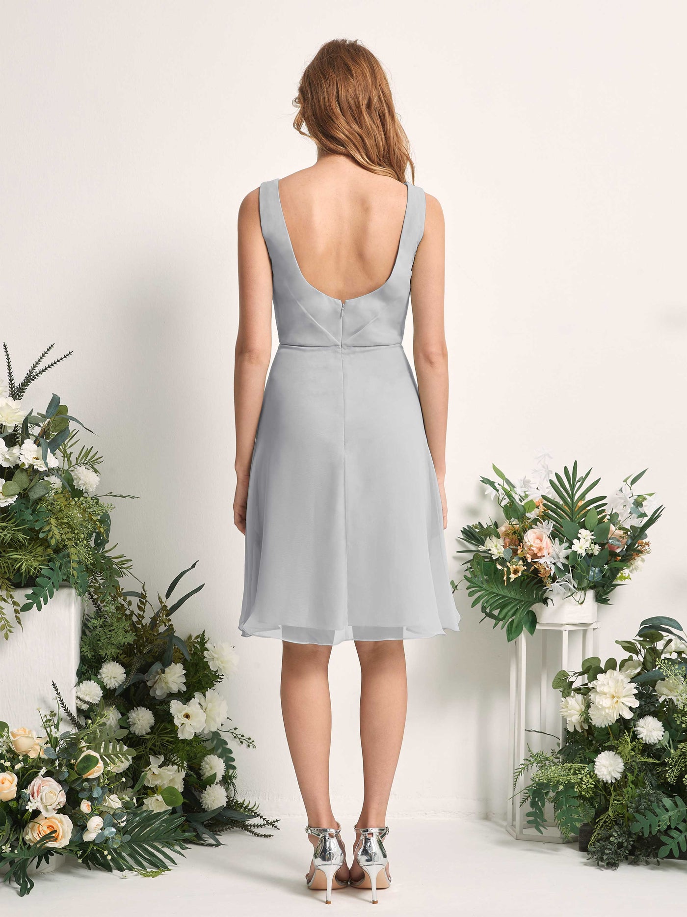 Bridesmaid Dress A-line Chiffon Straps Knee Length Sleeveless Wedding Party Dress - Silver (81226627)#color_silver
