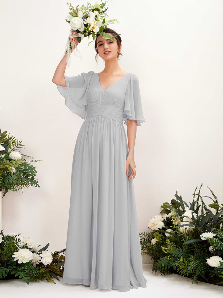 Silver Bridesmaid Dresses Bridesmaid Dress A-line Chiffon V-neck Full Length 1/2 Sleeves Wedding Party Dress (81221627)