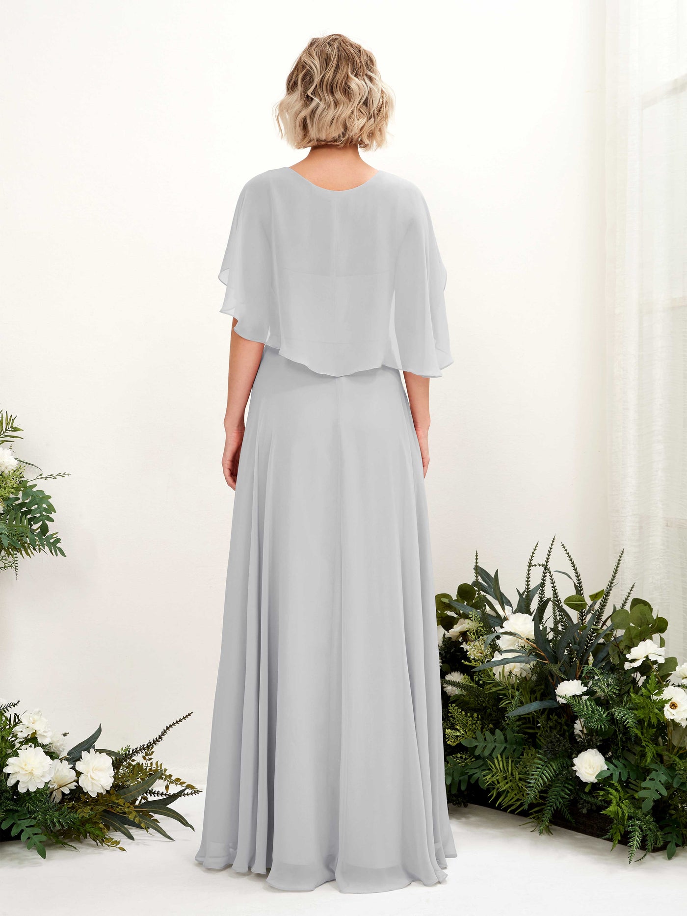 Silver Bridesmaid Dresses Bridesmaid Dress A-line Chiffon V-neck Full Length Short Sleeves Wedding Party Dress (81224427)#color_silver