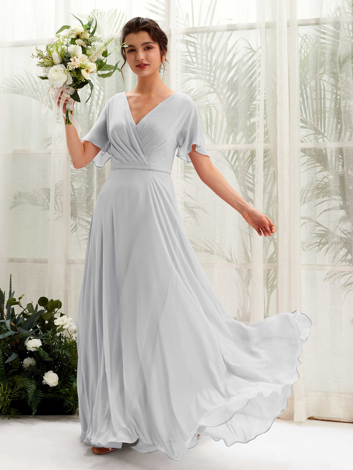 Silver Bridesmaid Dresses Bridesmaid Dress A-line Chiffon V-neck Full Length Short Sleeves Wedding Party Dress (81224627)